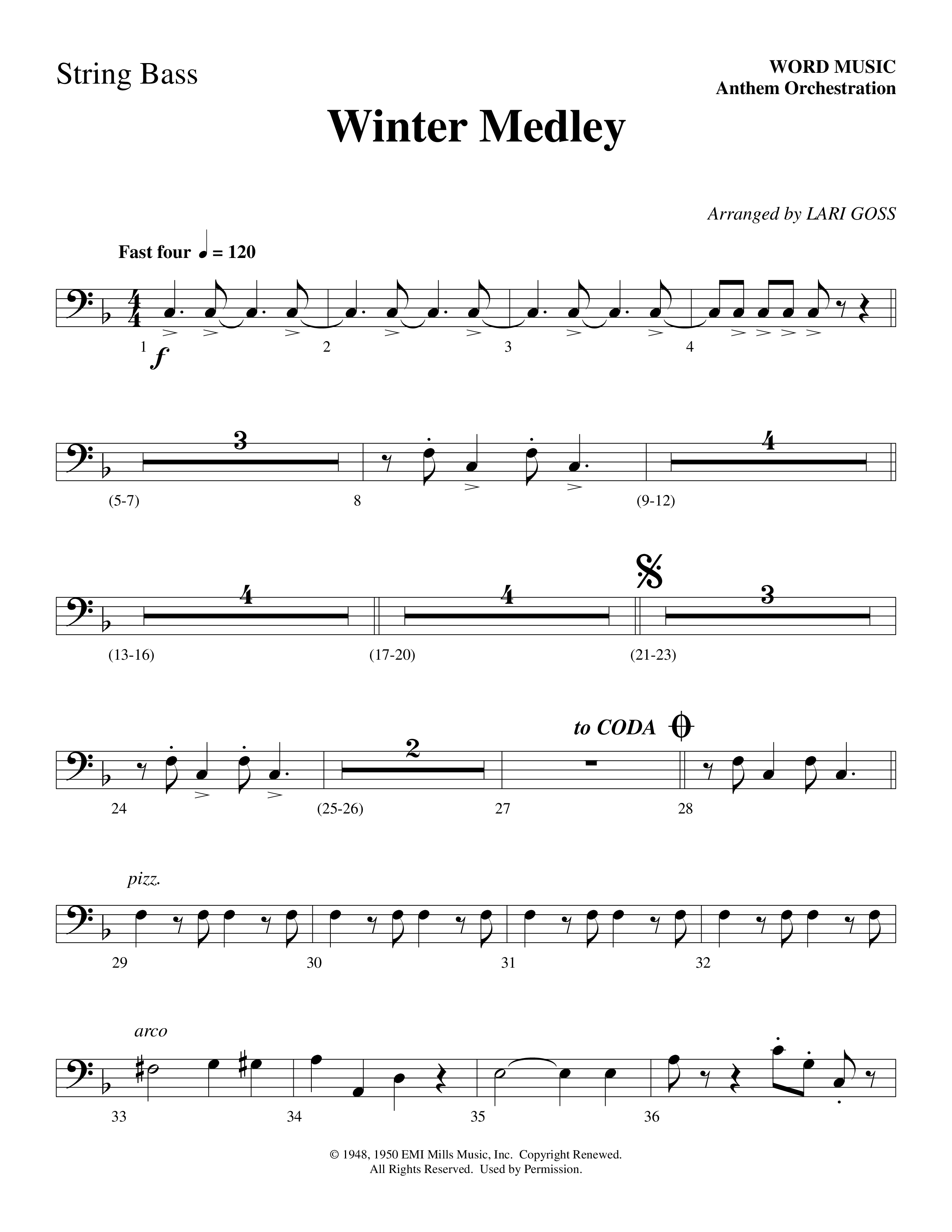 Winter Medley (with Sleigh Ride, Jingle Bells (Come On We're Going For A Sleigh Ride, Jingle Bells) (Choral Anthem SATB) String Bass (Word Music Choral / Arr. Lari Goss)