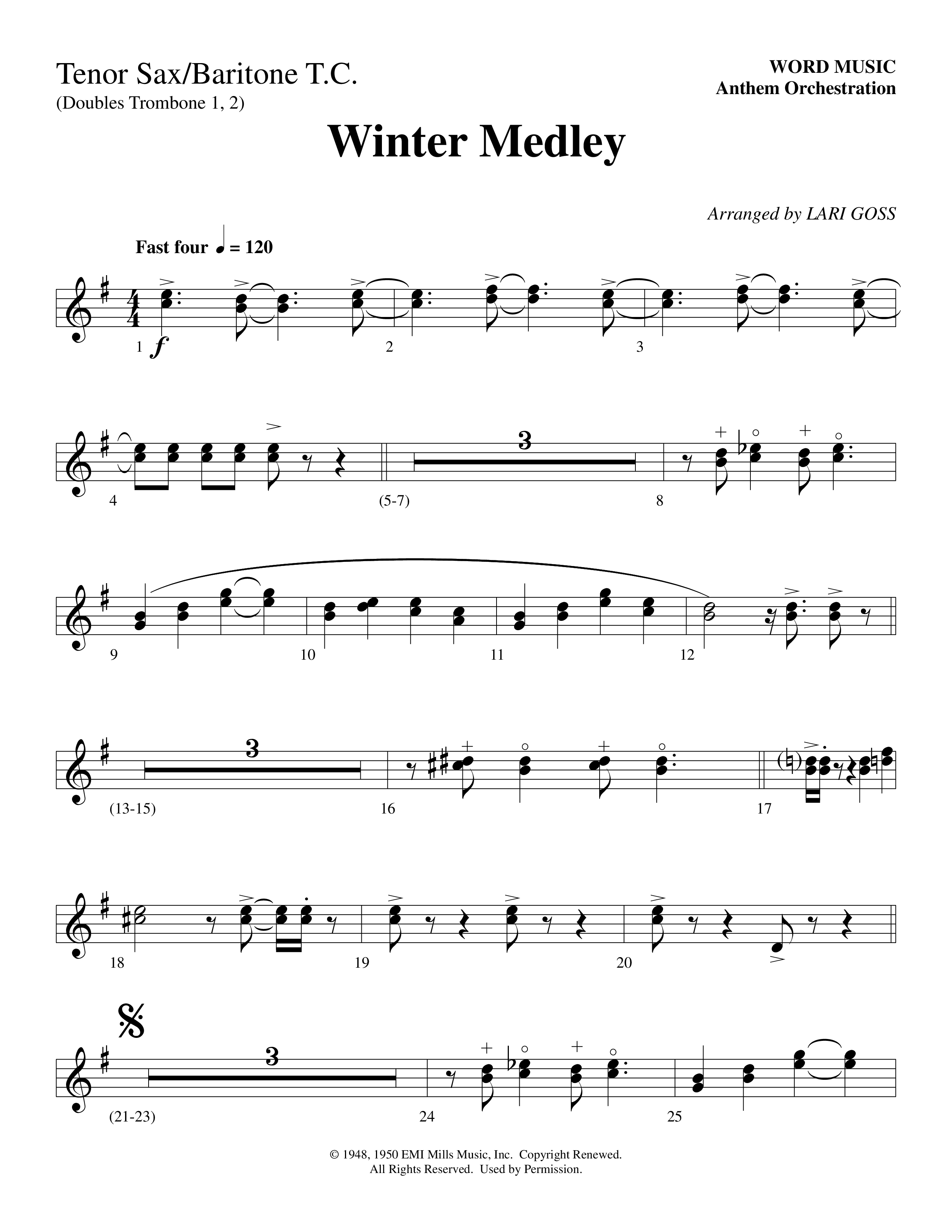 Winter Medley (with Sleigh Ride, Jingle Bells (Come On We're Going For A Sleigh Ride, Jingle Bells) (Choral Anthem SATB) Tenor Sax/Baritone T.C. (Word Music Choral / Arr. Lari Goss)