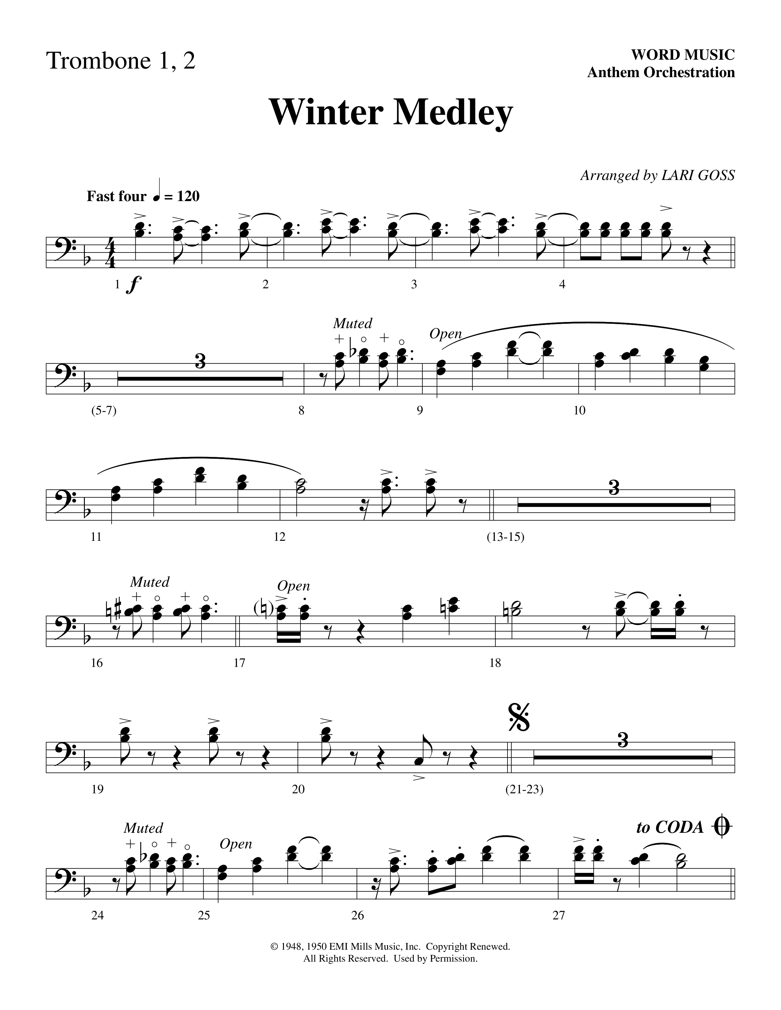 Winter Medley (with Sleigh Ride, Jingle Bells (Come On We're Going For A Sleigh Ride, Jingle Bells) (Choral Anthem SATB) Trombone 1/2 (Word Music Choral / Arr. Lari Goss)