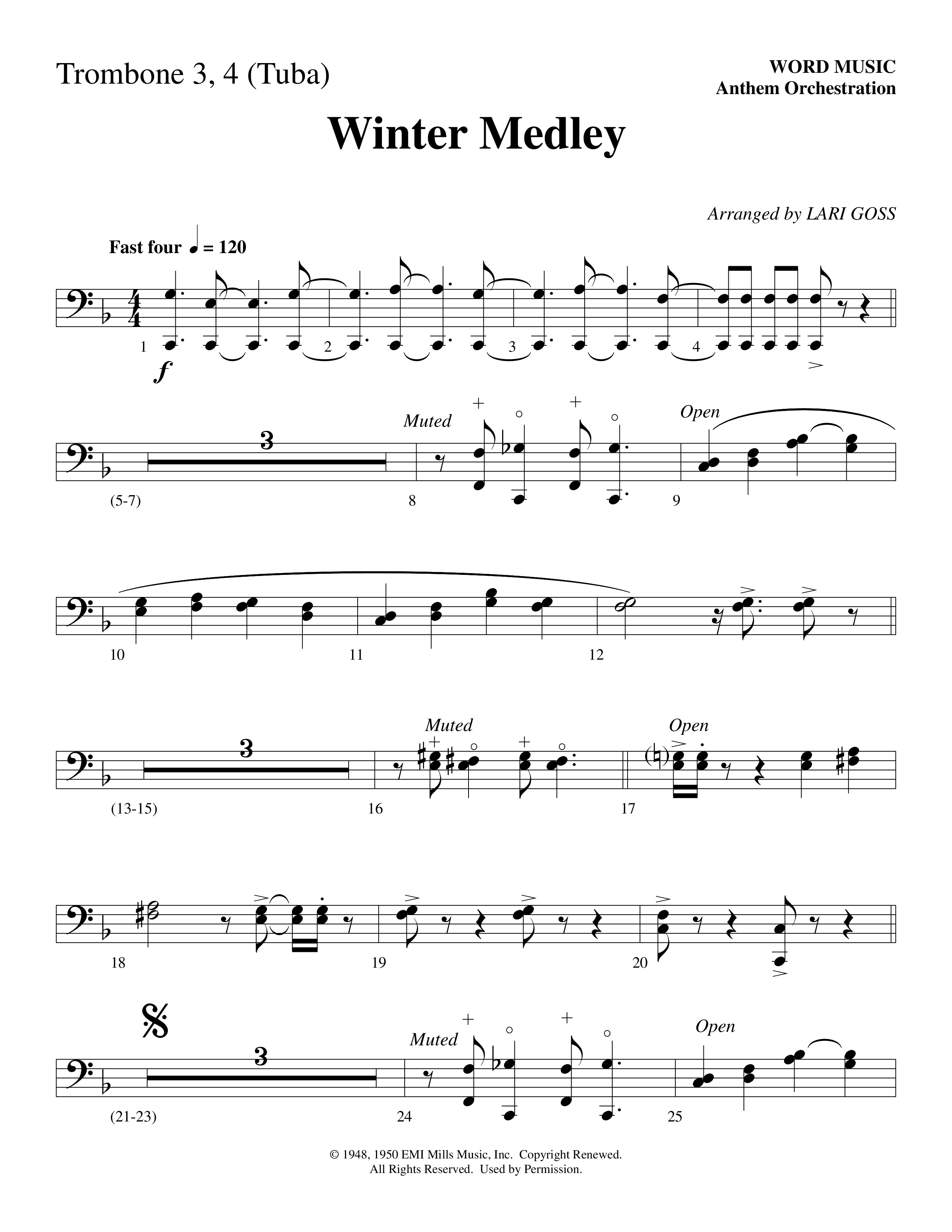 Winter Medley (with Sleigh Ride, Jingle Bells (Come On We're Going For A Sleigh Ride, Jingle Bells) (Choral Anthem SATB) Trombone 3/4 (Word Music Choral / Arr. Lari Goss)