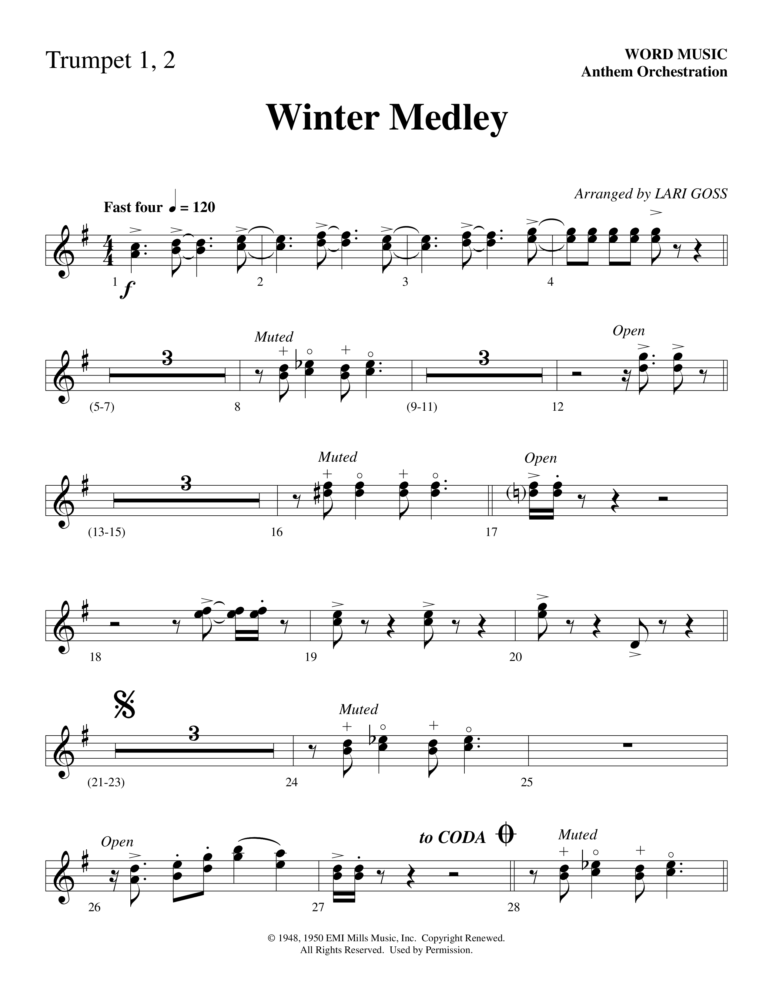 Winter Medley (with Sleigh Ride, Jingle Bells (Come On We're Going For A Sleigh Ride, Jingle Bells) (Choral Anthem SATB) Trumpet 1,2 (Word Music Choral / Arr. Lari Goss)