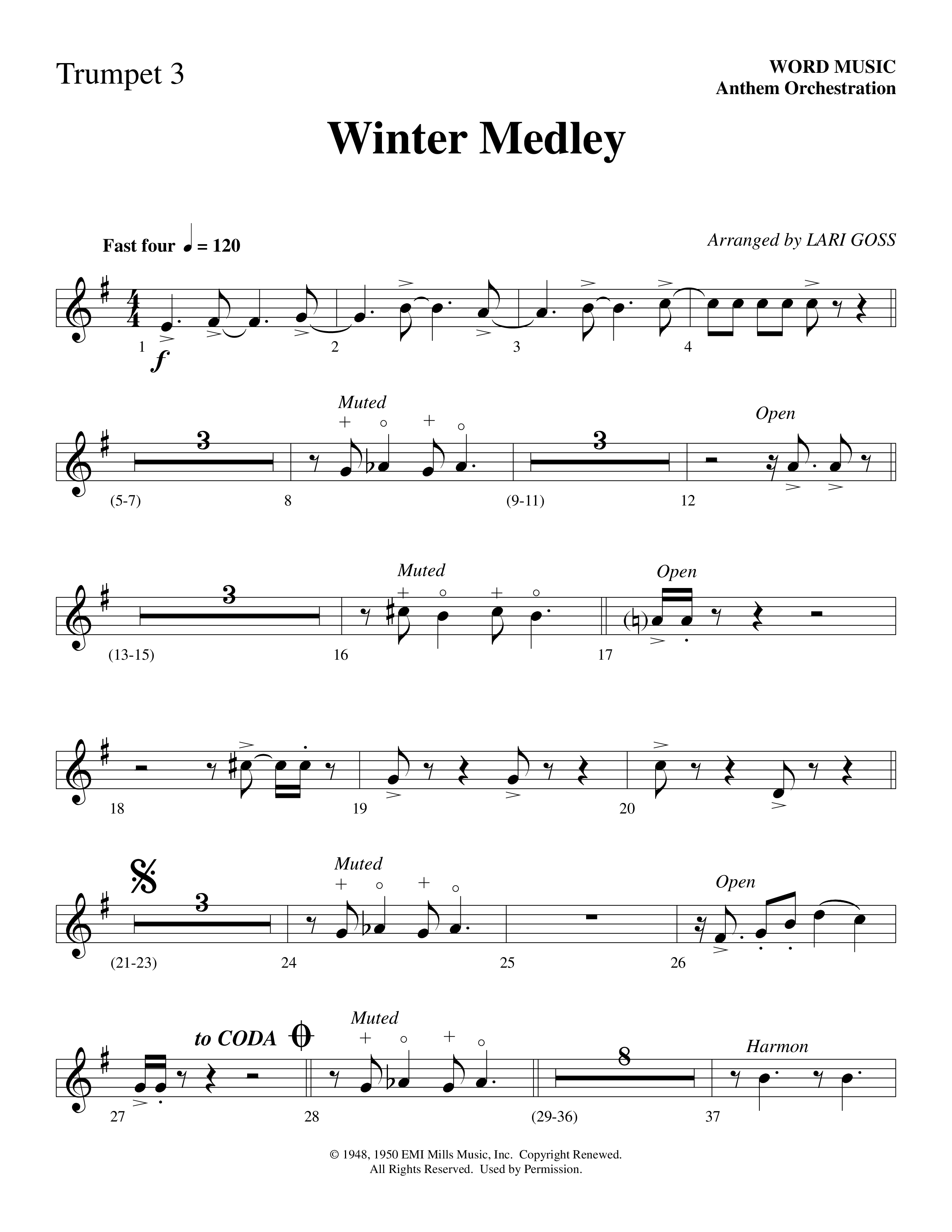 Winter Medley (with Sleigh Ride, Jingle Bells (Come On We're Going For A Sleigh Ride, Jingle Bells) (Choral Anthem SATB) Trumpet 3 (Word Music Choral / Arr. Lari Goss)