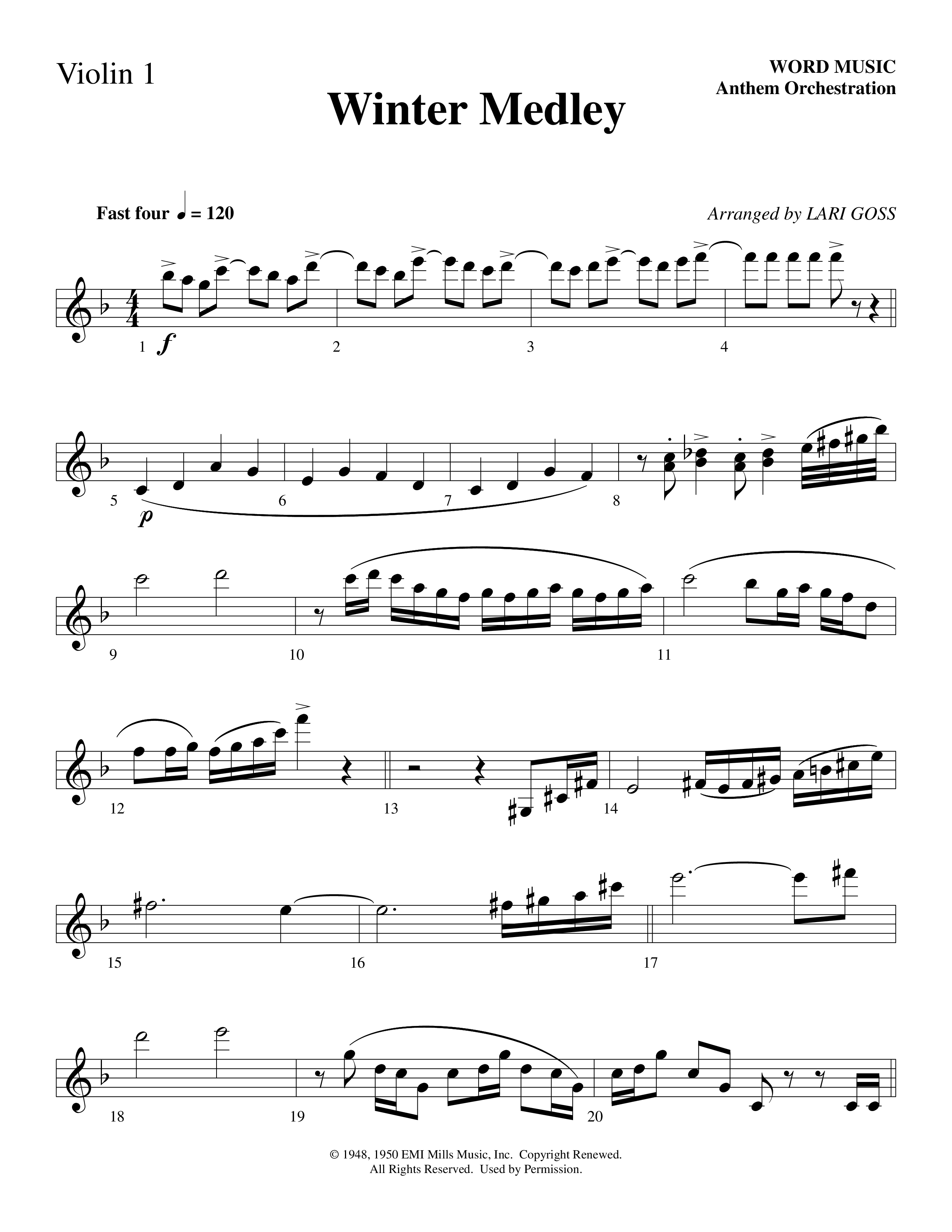 Winter Medley (with Sleigh Ride, Jingle Bells (Come On We're Going For A Sleigh Ride, Jingle Bells) (Choral Anthem SATB) Violin 1 (Word Music Choral / Arr. Lari Goss)