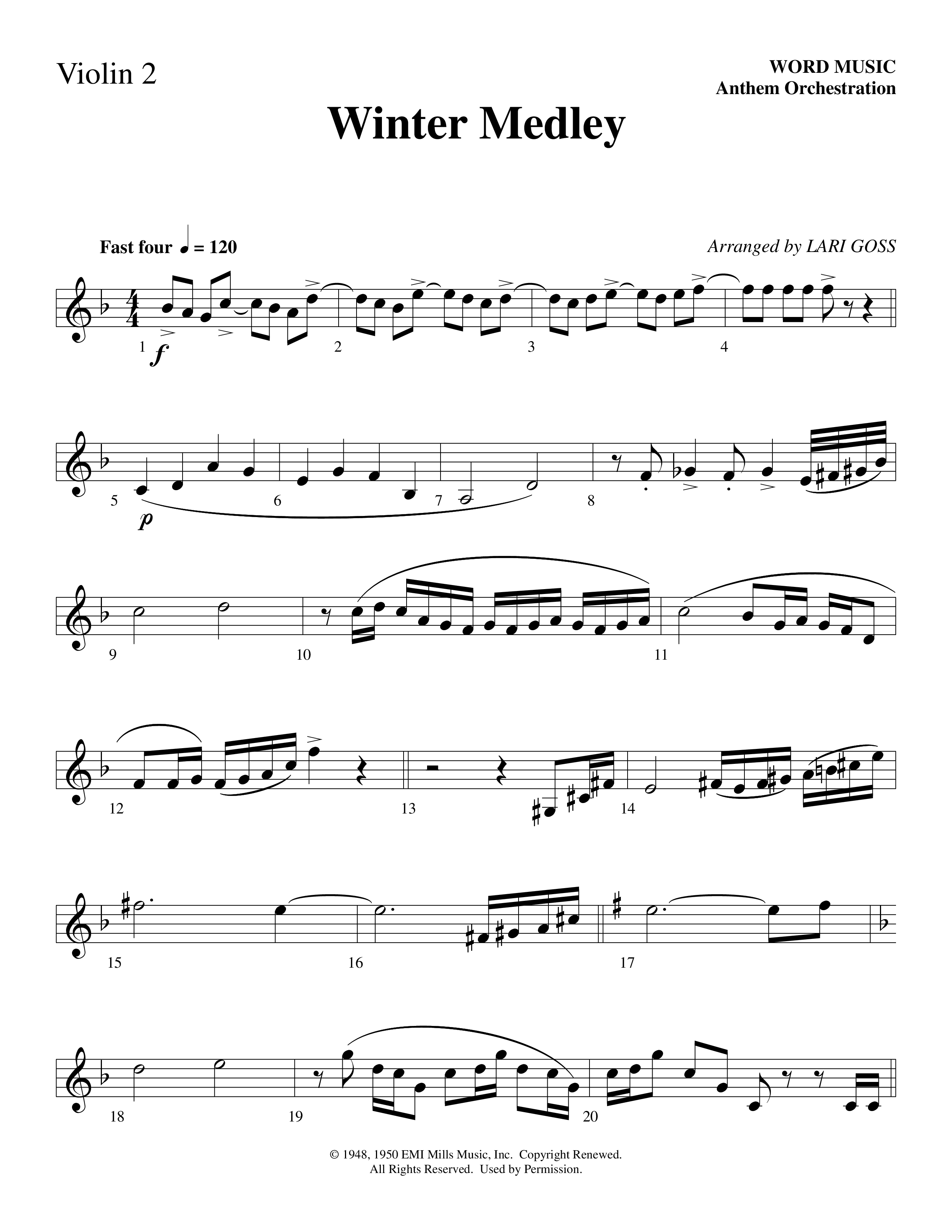 Winter Medley (with Sleigh Ride, Jingle Bells (Come On We're Going For A Sleigh Ride, Jingle Bells) (Choral Anthem SATB) Violin 2 (Word Music Choral / Arr. Lari Goss)