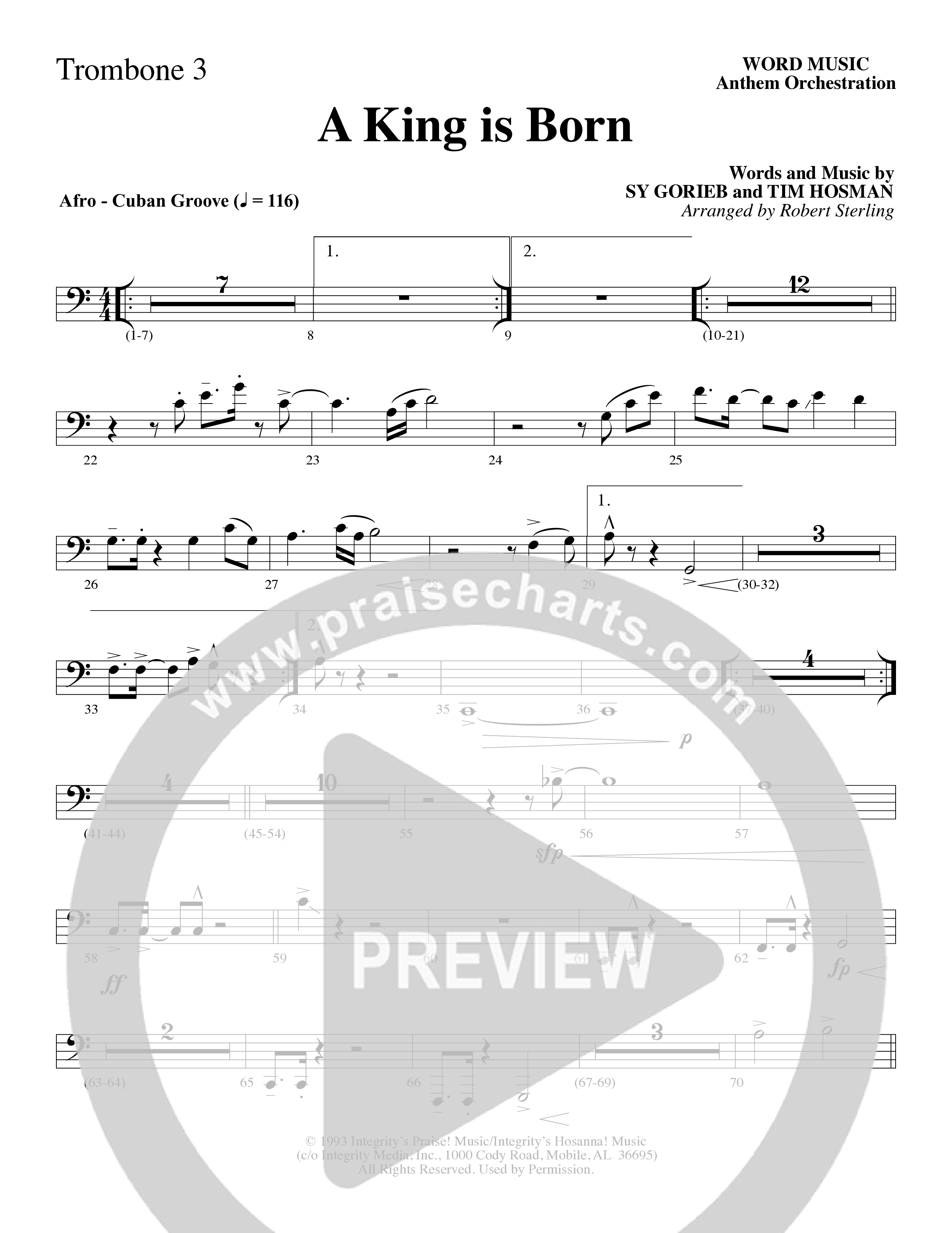 A King is Born (Choral Anthem SATB) Trombone 3 (Word Music Choral / Arr. Robert Sterling)