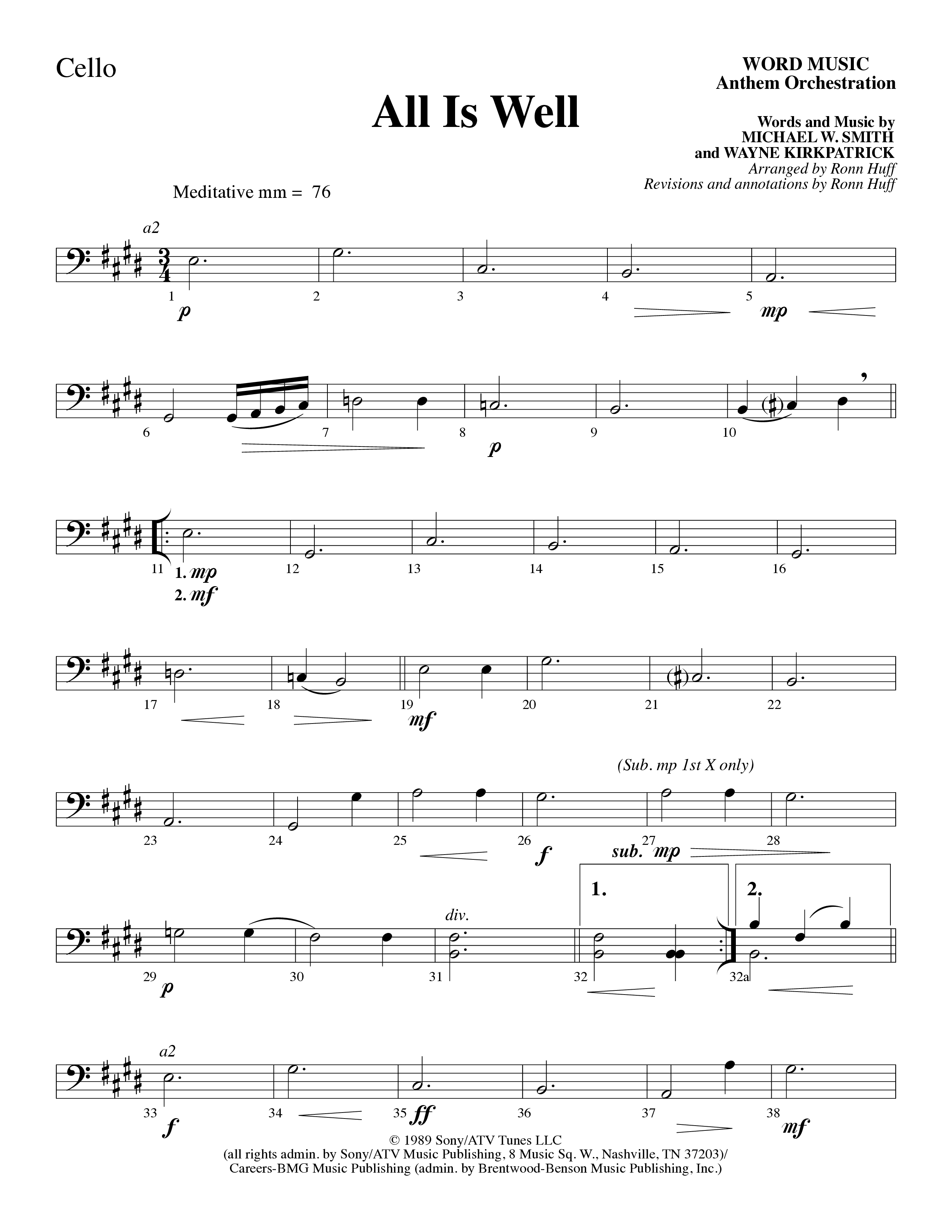 All Is Well (Choral Anthem SATB) Cello (Word Music Choral / Arr. Ronn Huff)