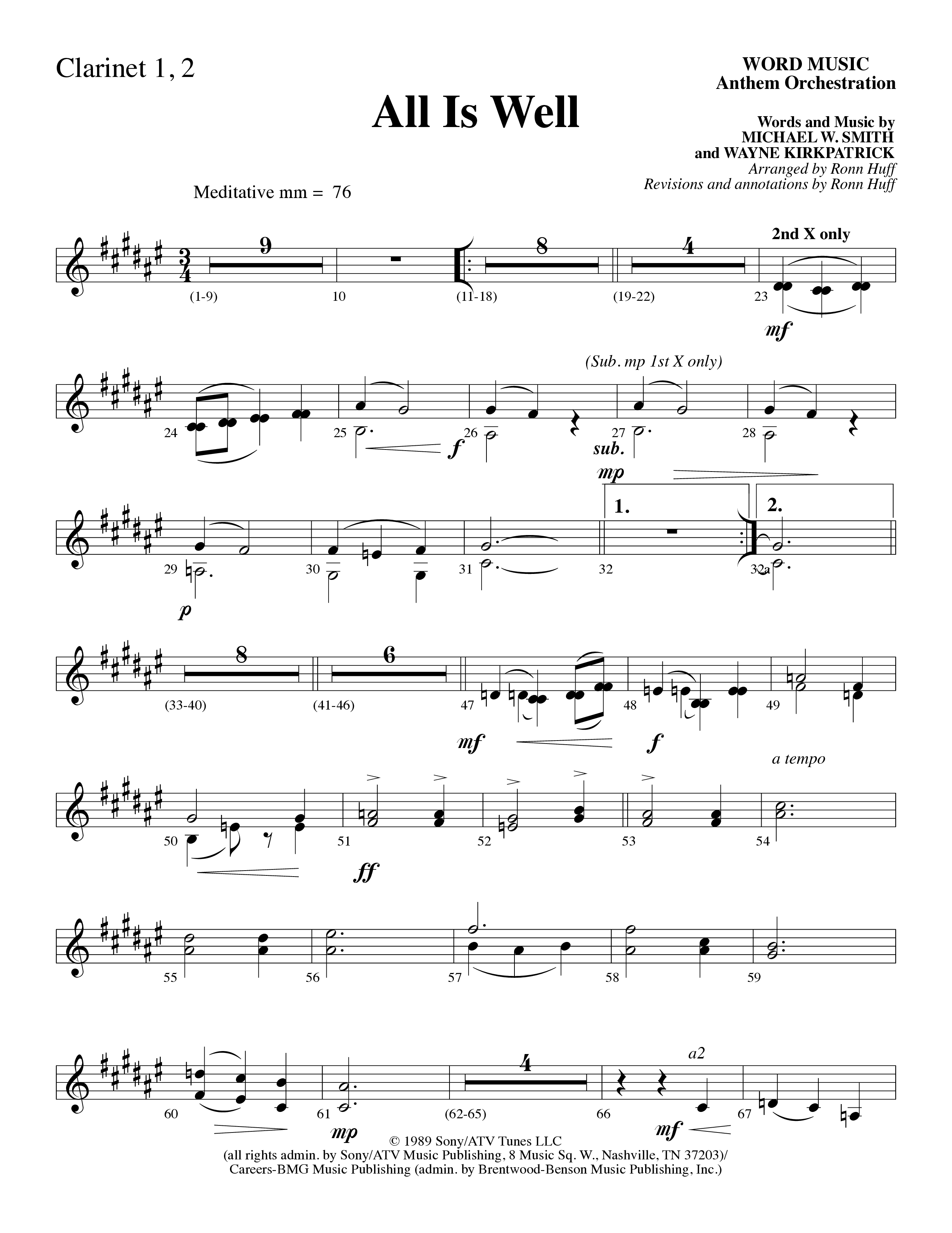 All Is Well (Choral Anthem SATB) Clarinet 1/2 (Word Music Choral / Arr. Ronn Huff)