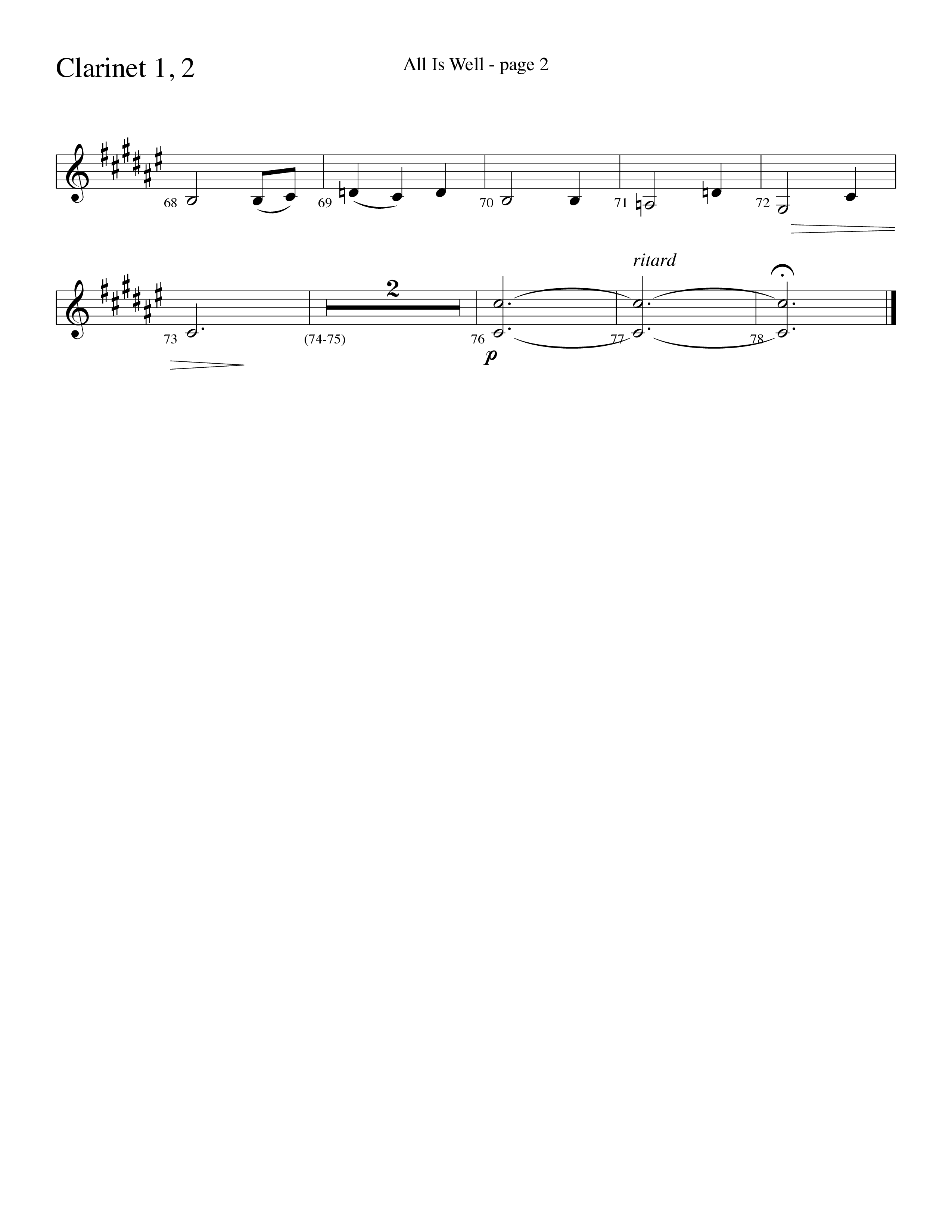 All Is Well (Choral Anthem SATB) Clarinet 1/2 (Word Music Choral / Arr. Ronn Huff)