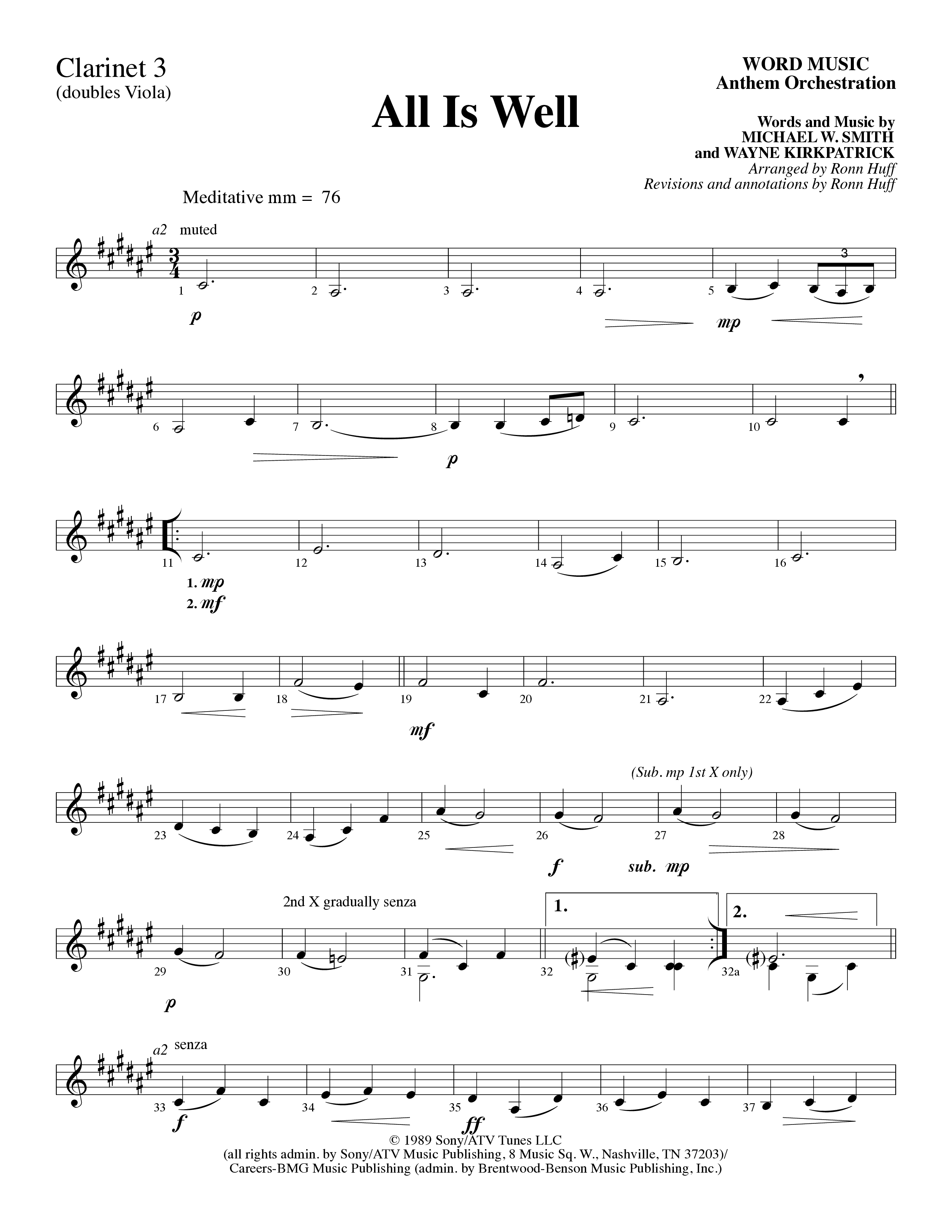 All Is Well (Choral Anthem SATB) Clarinet 3 (Word Music Choral / Arr. Ronn Huff)
