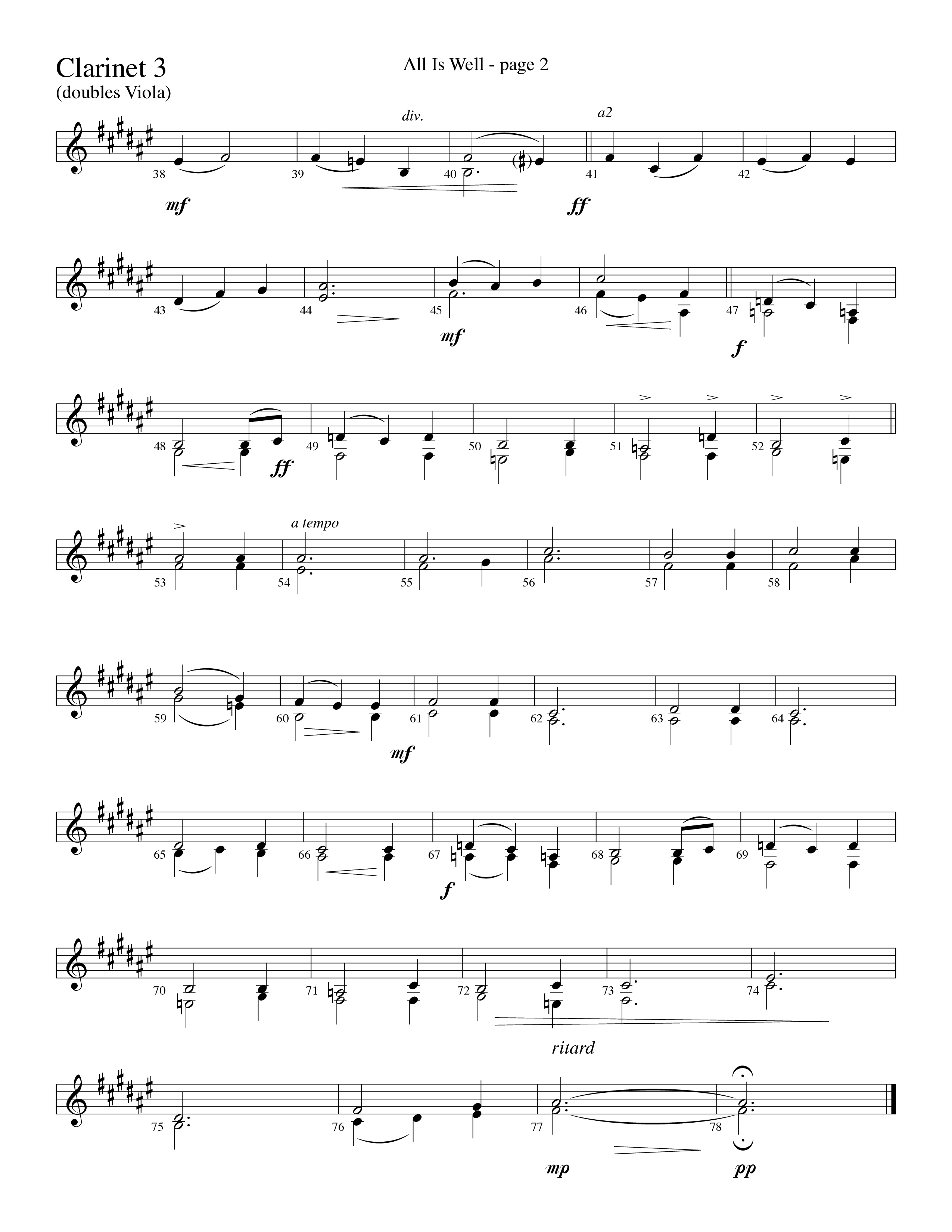 All Is Well (Choral Anthem SATB) Clarinet 3 (Word Music Choral / Arr. Ronn Huff)