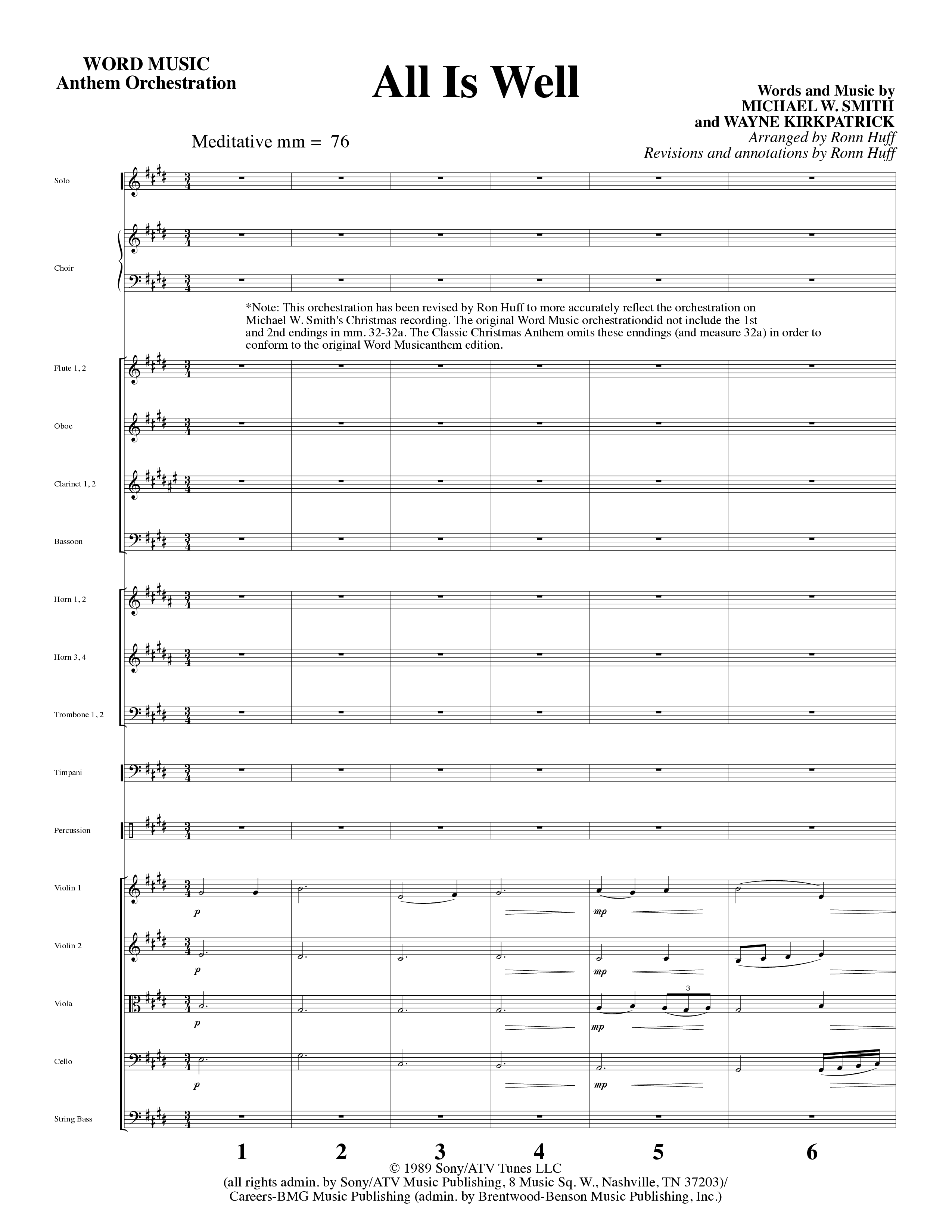 All Is Well (Choral Anthem SATB) Orchestration (Word Music Choral / Arr. Ronn Huff)