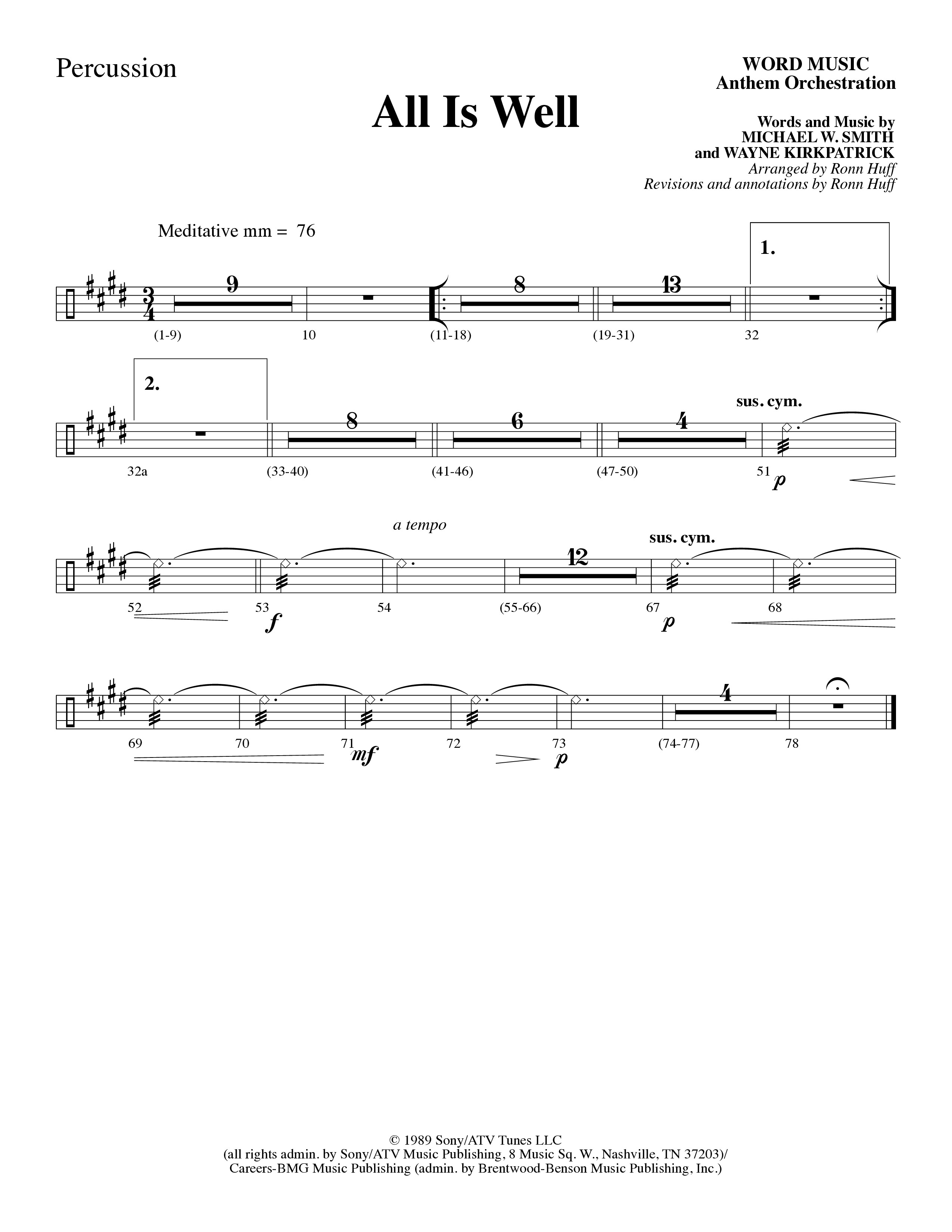 All Is Well (Choral Anthem SATB) Percussion (Word Music Choral / Arr. Ronn Huff)