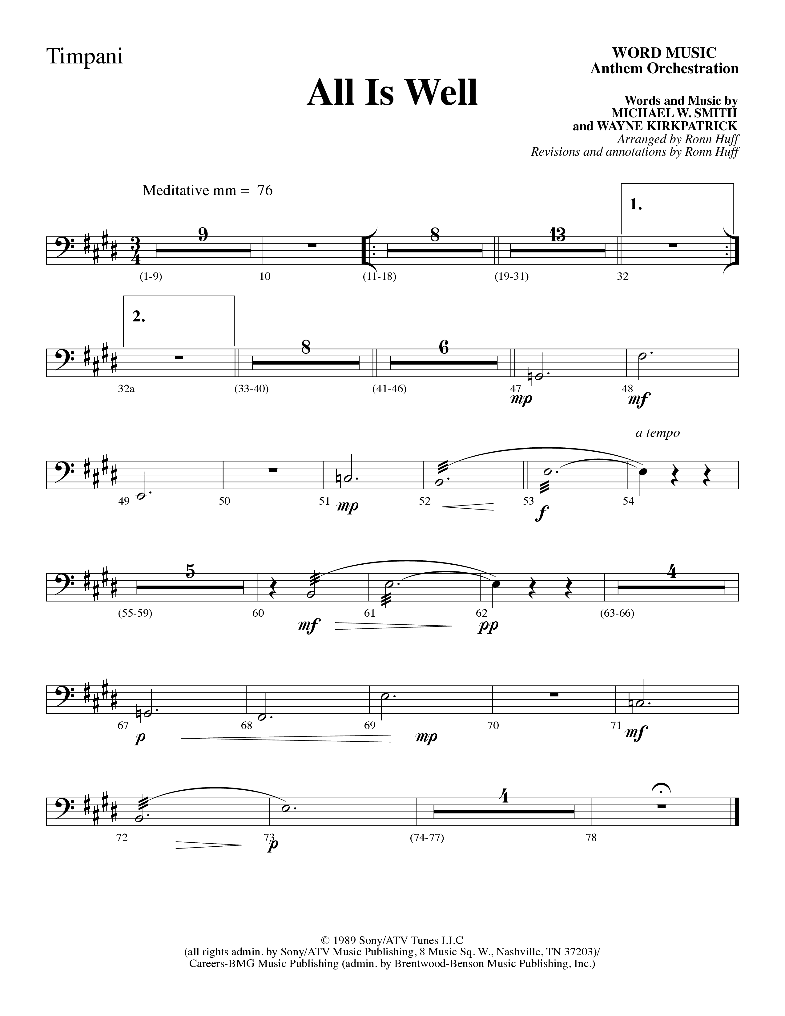 All Is Well (Choral Anthem SATB) Timpani (Word Music Choral / Arr. Ronn Huff)