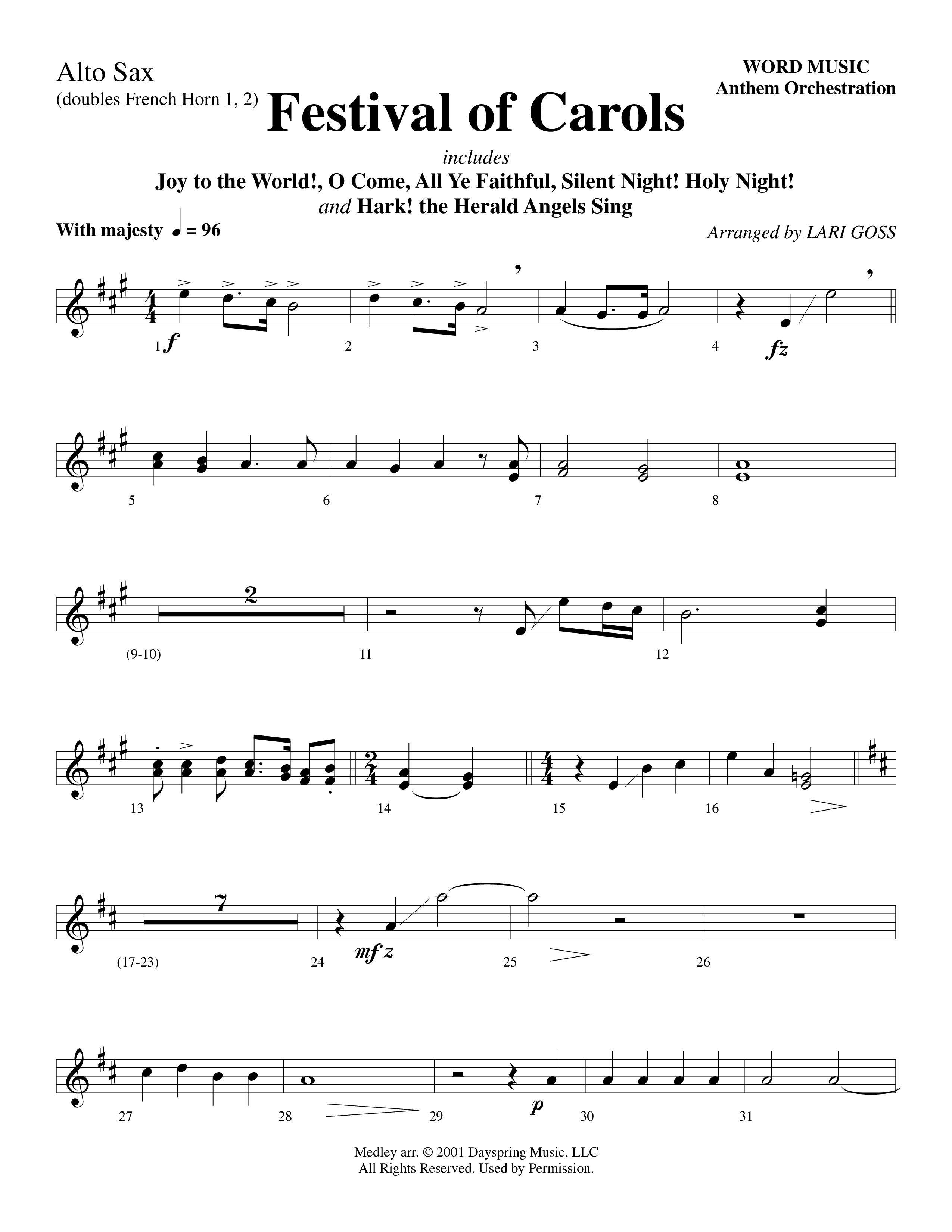 Festival Of Carols (Choral Anthem SATB) Alto Sax (Word Music Choral / Arr. Lari Goss)