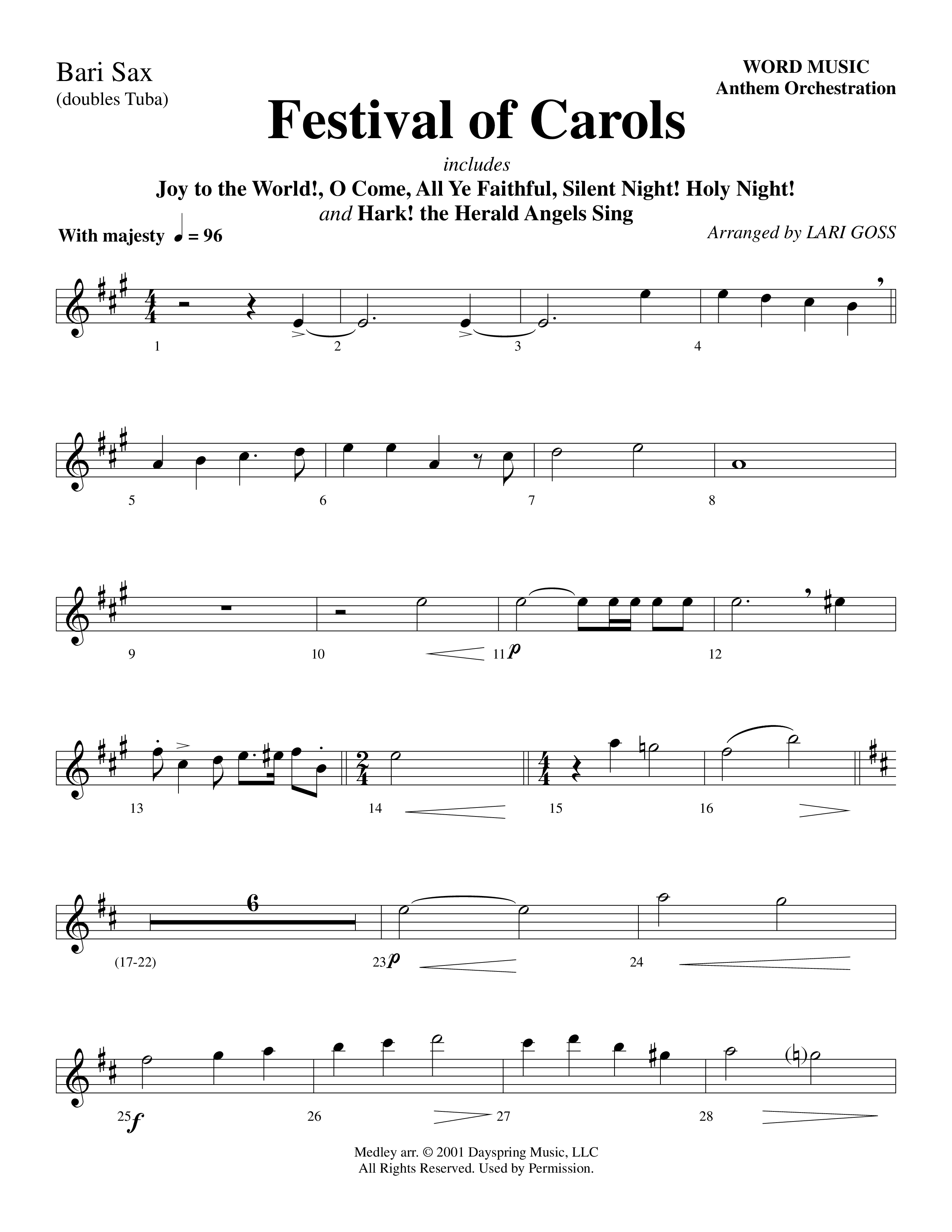 Festival Of Carols (Choral Anthem SATB) Bari Sax (Word Music Choral / Arr. Lari Goss)
