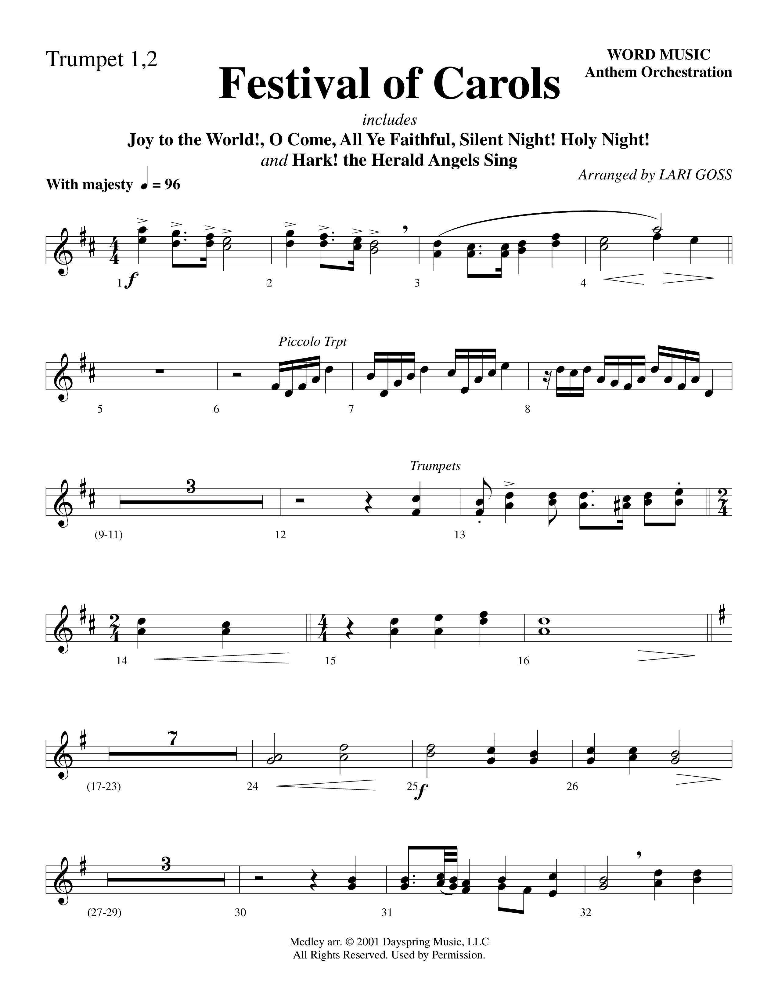 Festival Of Carols (Choral Anthem SATB) Trumpet 1,2 (Word Music Choral / Arr. Lari Goss)