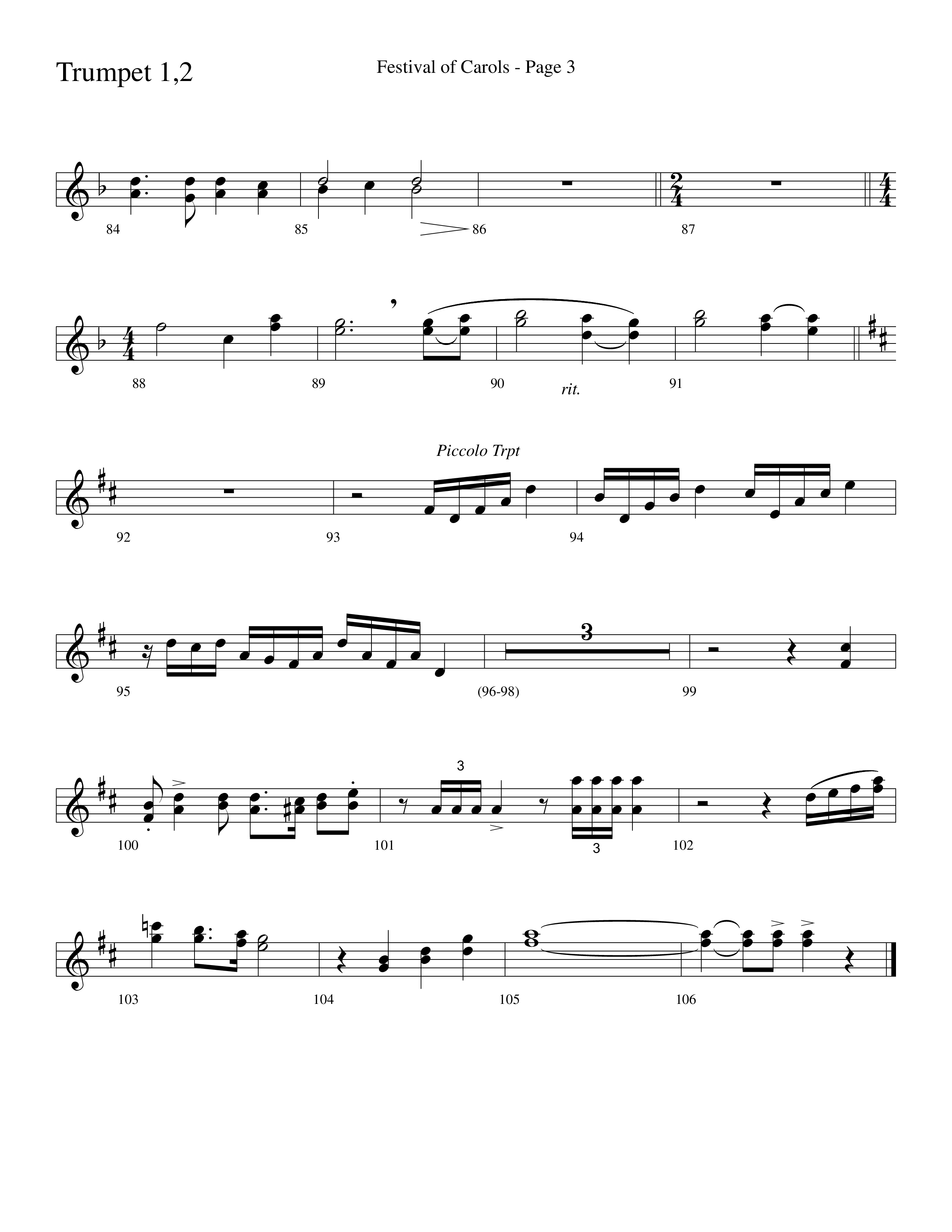 Festival Of Carols (Choral Anthem SATB) Trumpet 1,2 (Word Music Choral / Arr. Lari Goss)