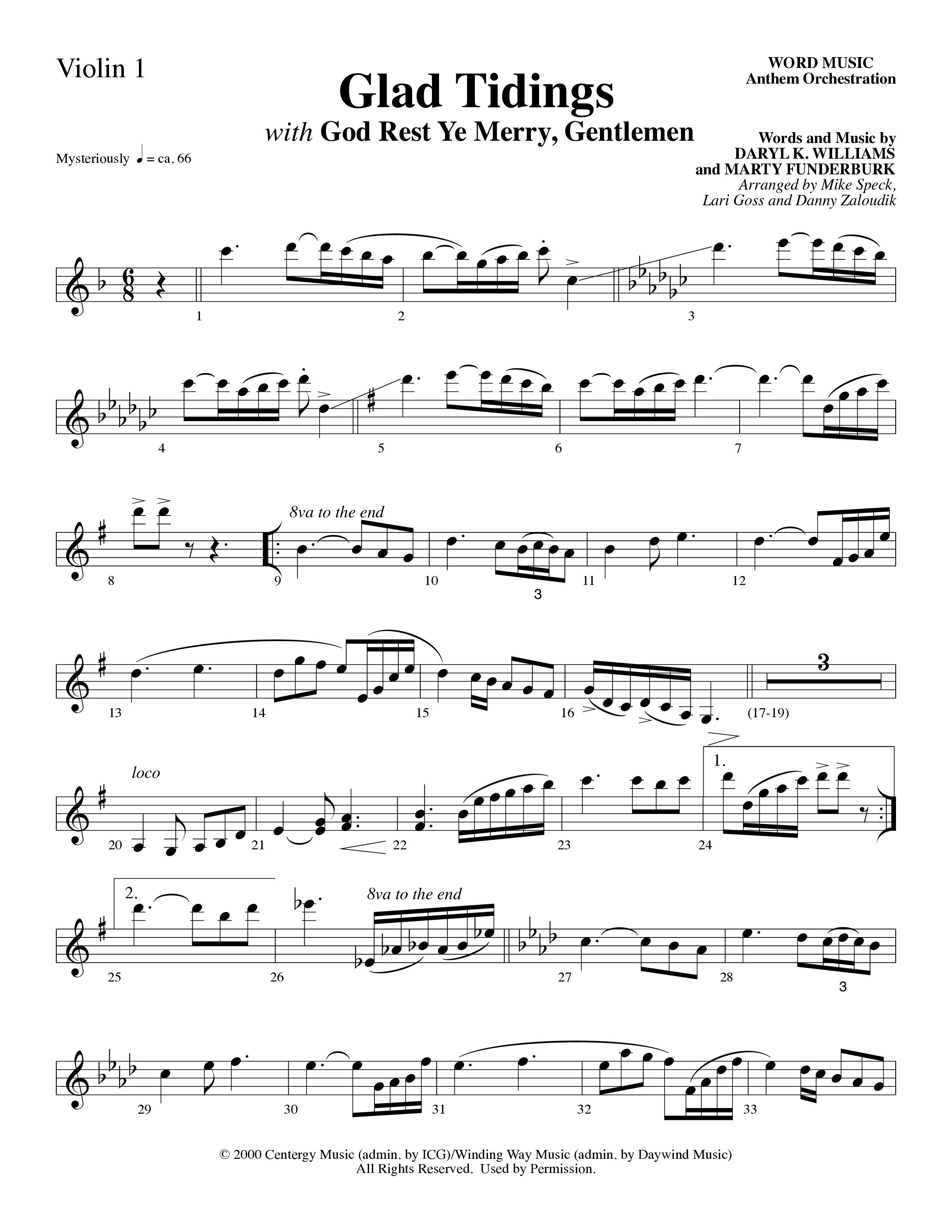 Glad Tidings (with God Rest Ye Merry Gentlemen) (Choral Anthem SATB) Violin 1 (Word Music Choral)