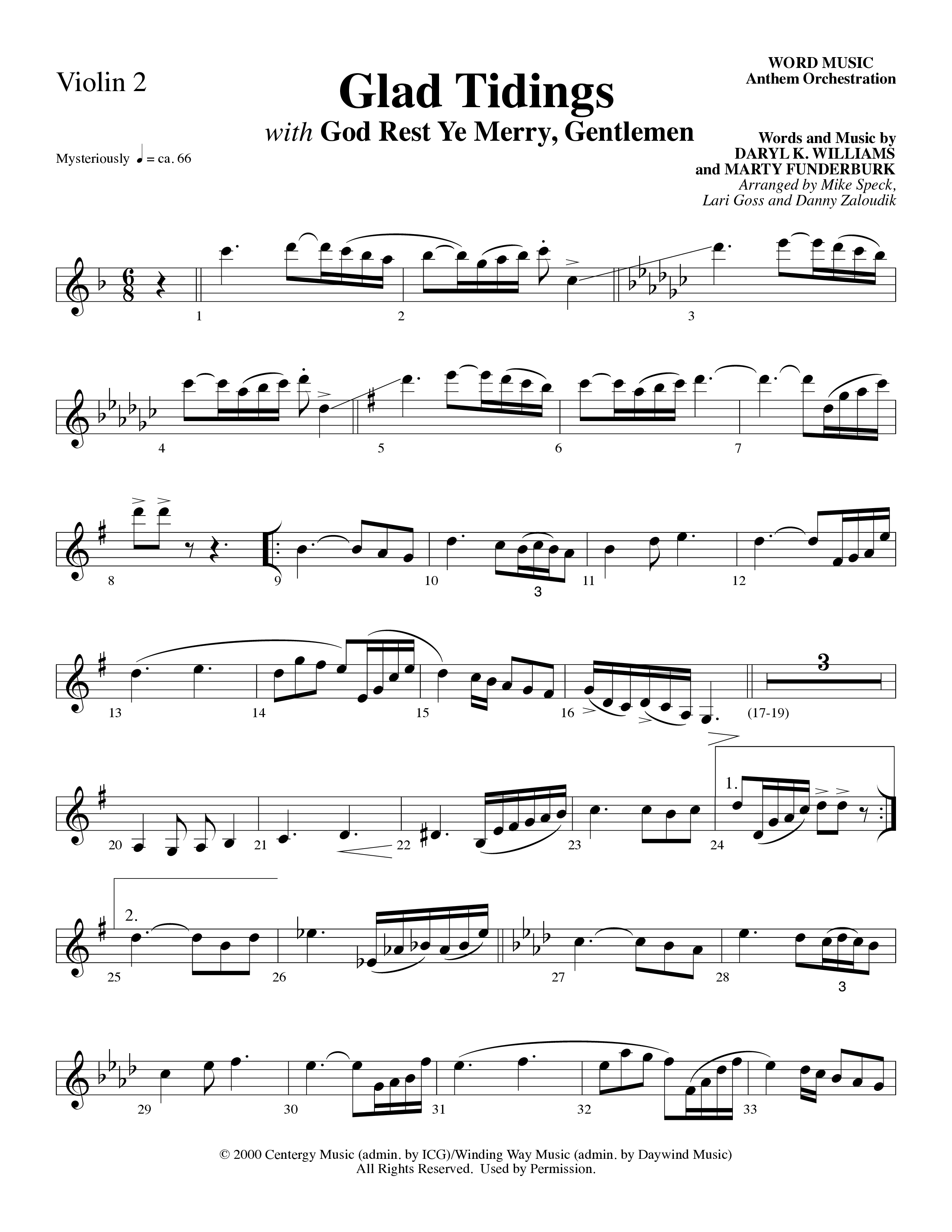 Glad Tidings (with God Rest Ye Merry Gentlemen) (Choral Anthem SATB) Violin 2 (Word Music Choral)