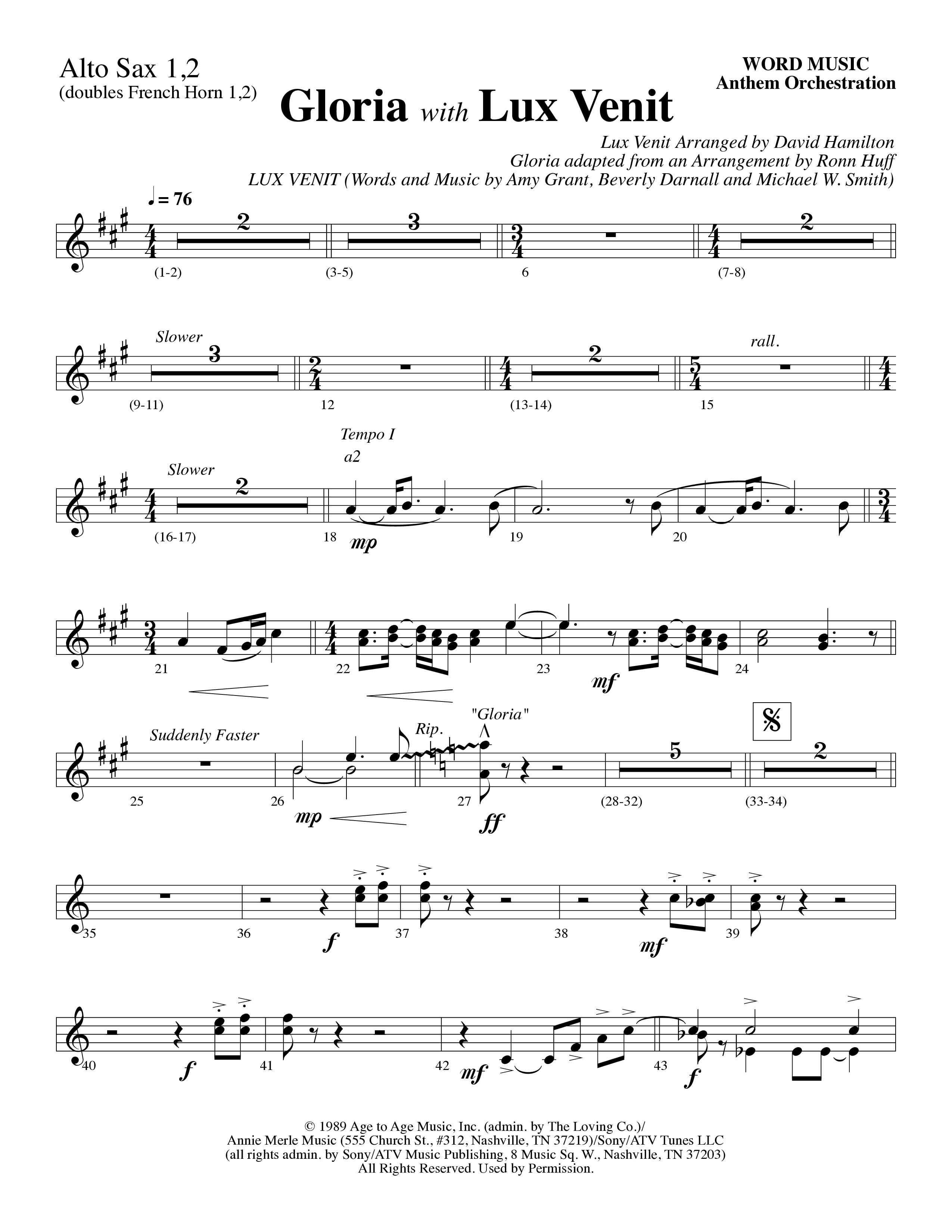 Gloria (with Lux Venit) (Choral Anthem SATB) Alto Sax (Word Music Choral / Arr. David Hamilton)