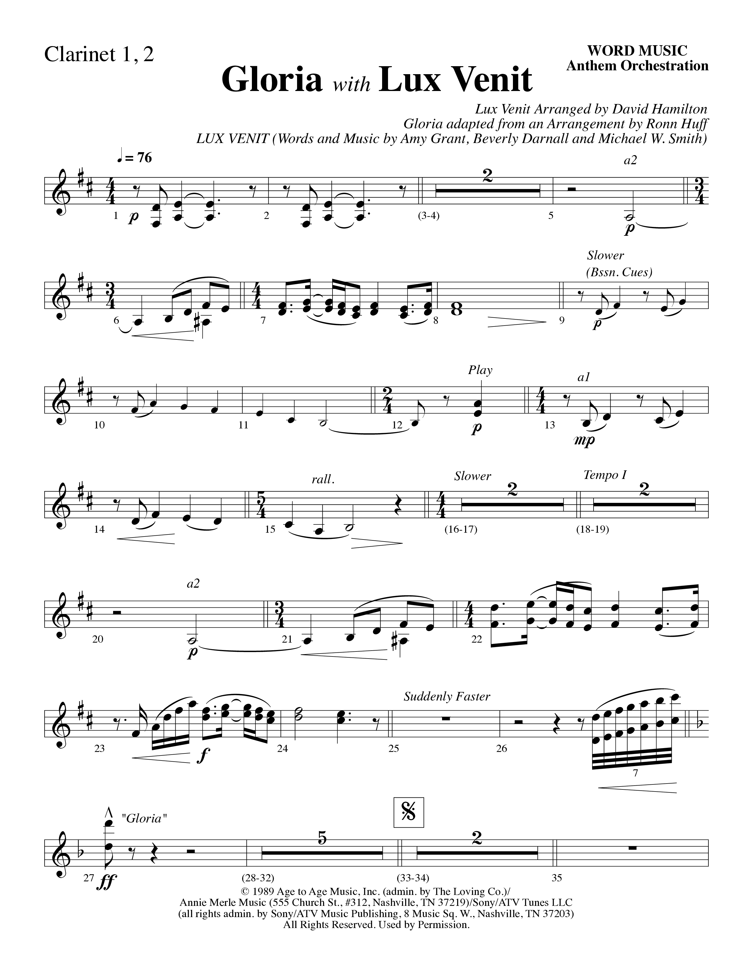 Gloria (with Lux Venit) (Choral Anthem SATB) Clarinet 1/2 (Word Music Choral / Arr. David Hamilton)