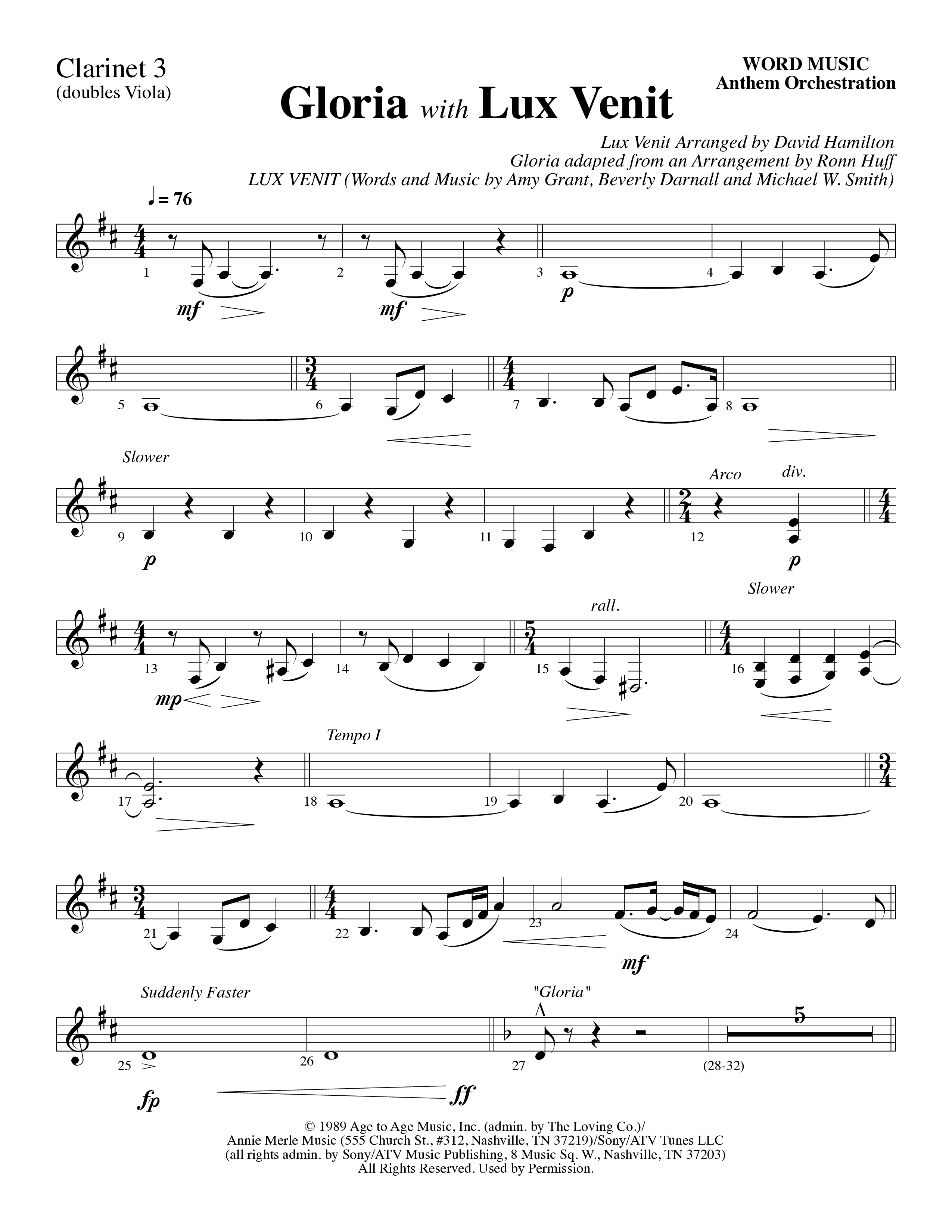 Gloria (with Lux Venit) (Choral Anthem SATB) Clarinet 3 (Word Music Choral / Arr. David Hamilton)