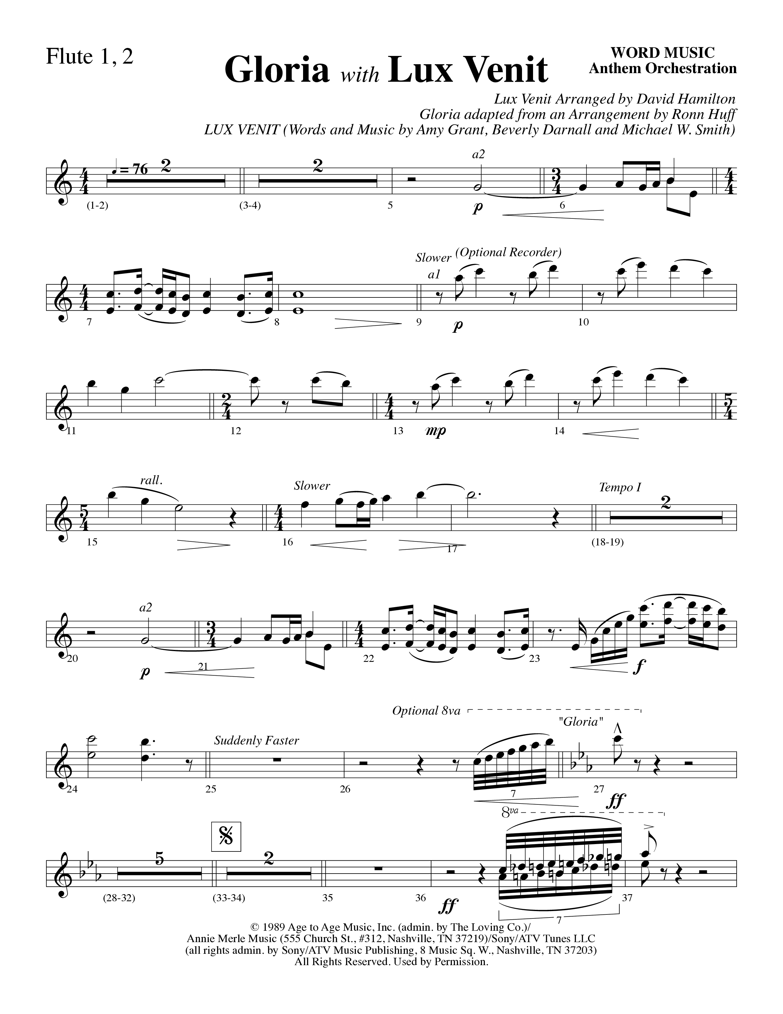 Gloria (with Lux Venit) (Choral Anthem SATB) Flute 1/2 (Word Music Choral / Arr. David Hamilton)