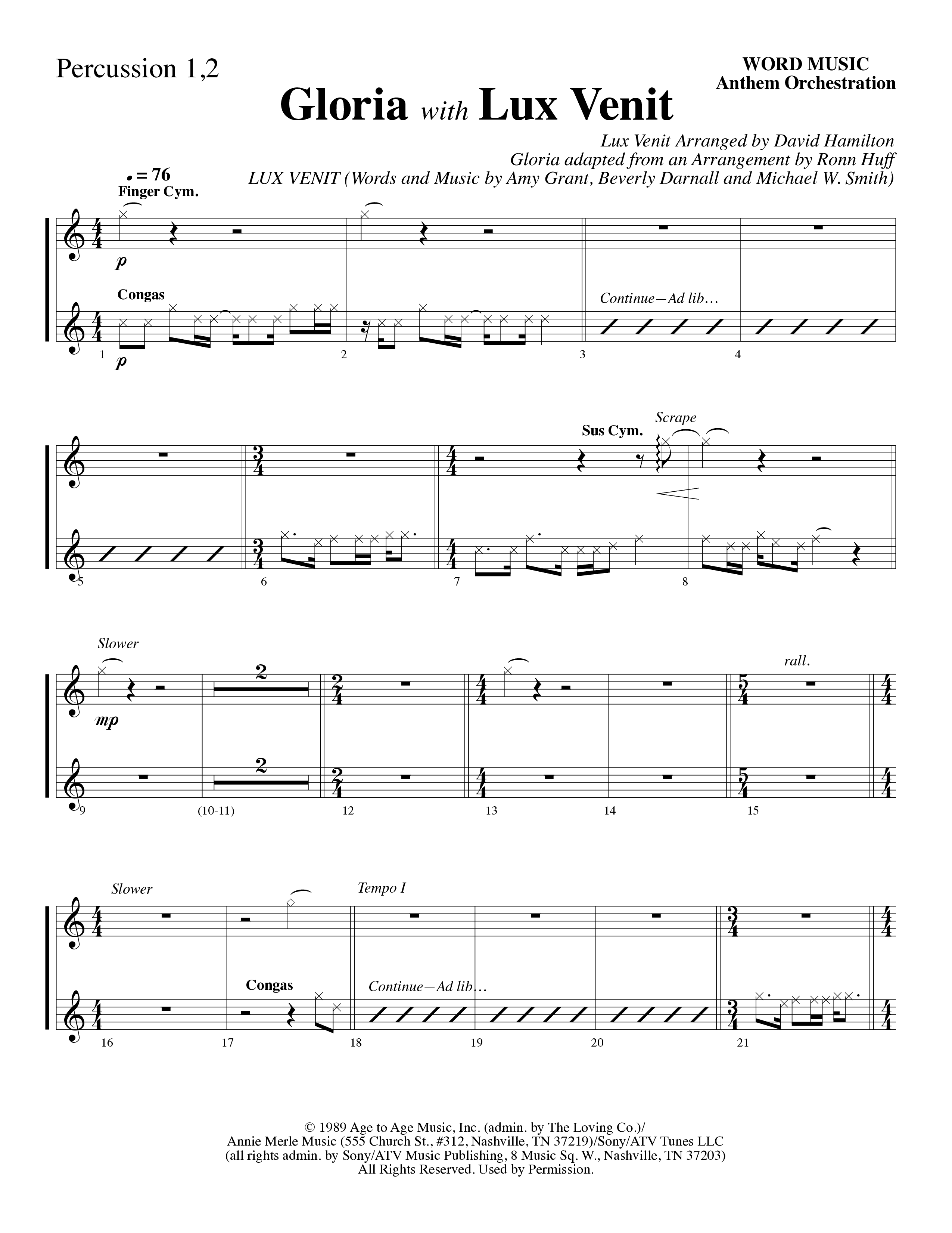 Gloria (with Lux Venit) (Choral Anthem SATB) Percussion 1/2 (Word Music Choral / Arr. David Hamilton)