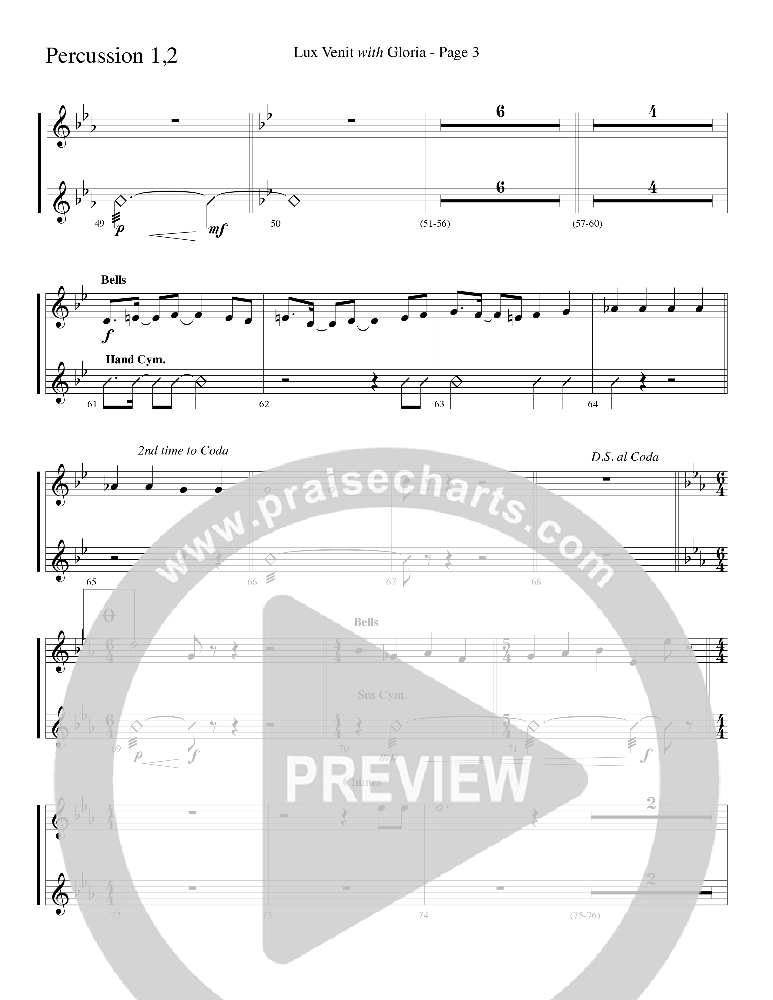 Gloria (with Lux Venit) (Choral Anthem SATB) Percussion 1/2 (Word Music Choral / Arr. David Hamilton)