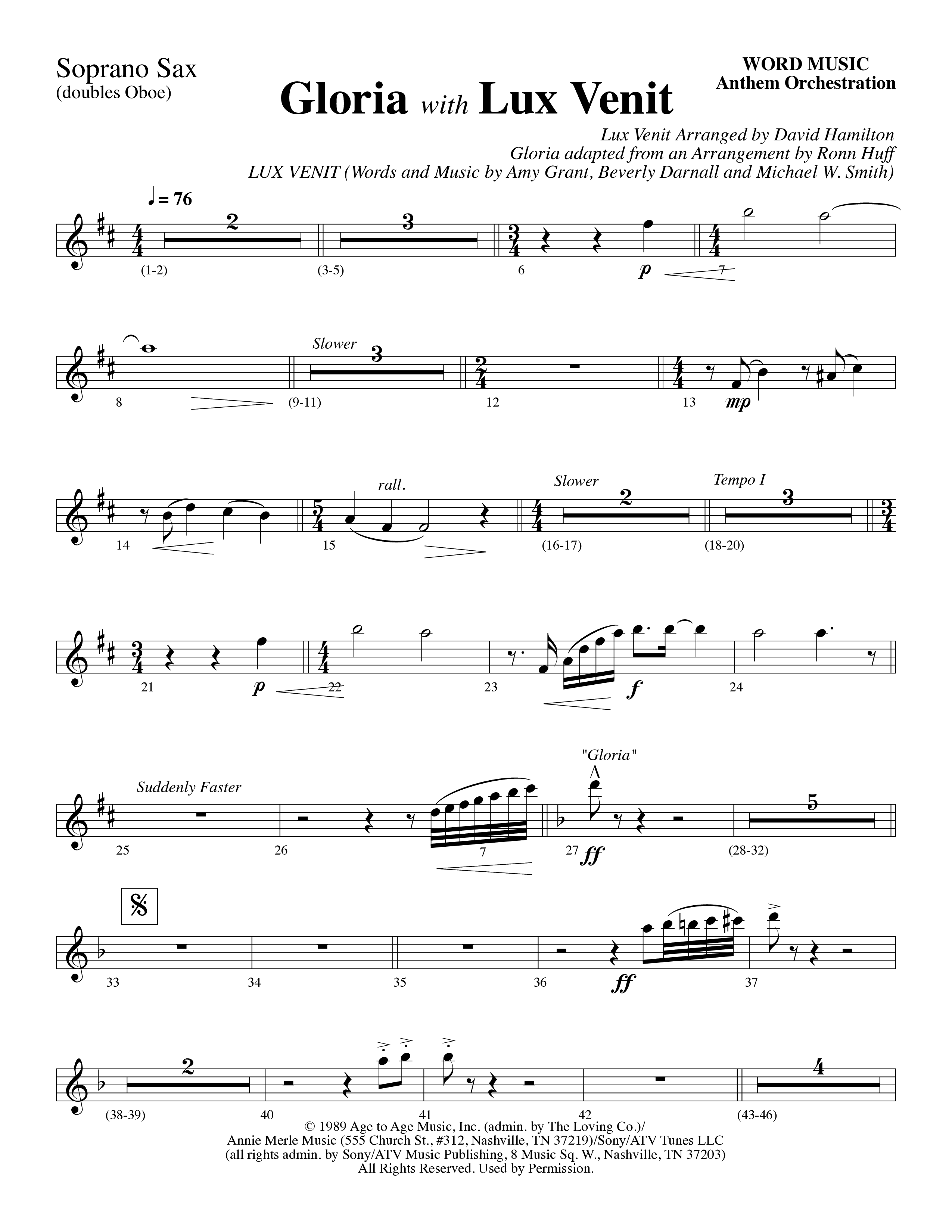 Gloria (with Lux Venit) (Choral Anthem SATB) Soprano Sax (Word Music Choral / Arr. David Hamilton)
