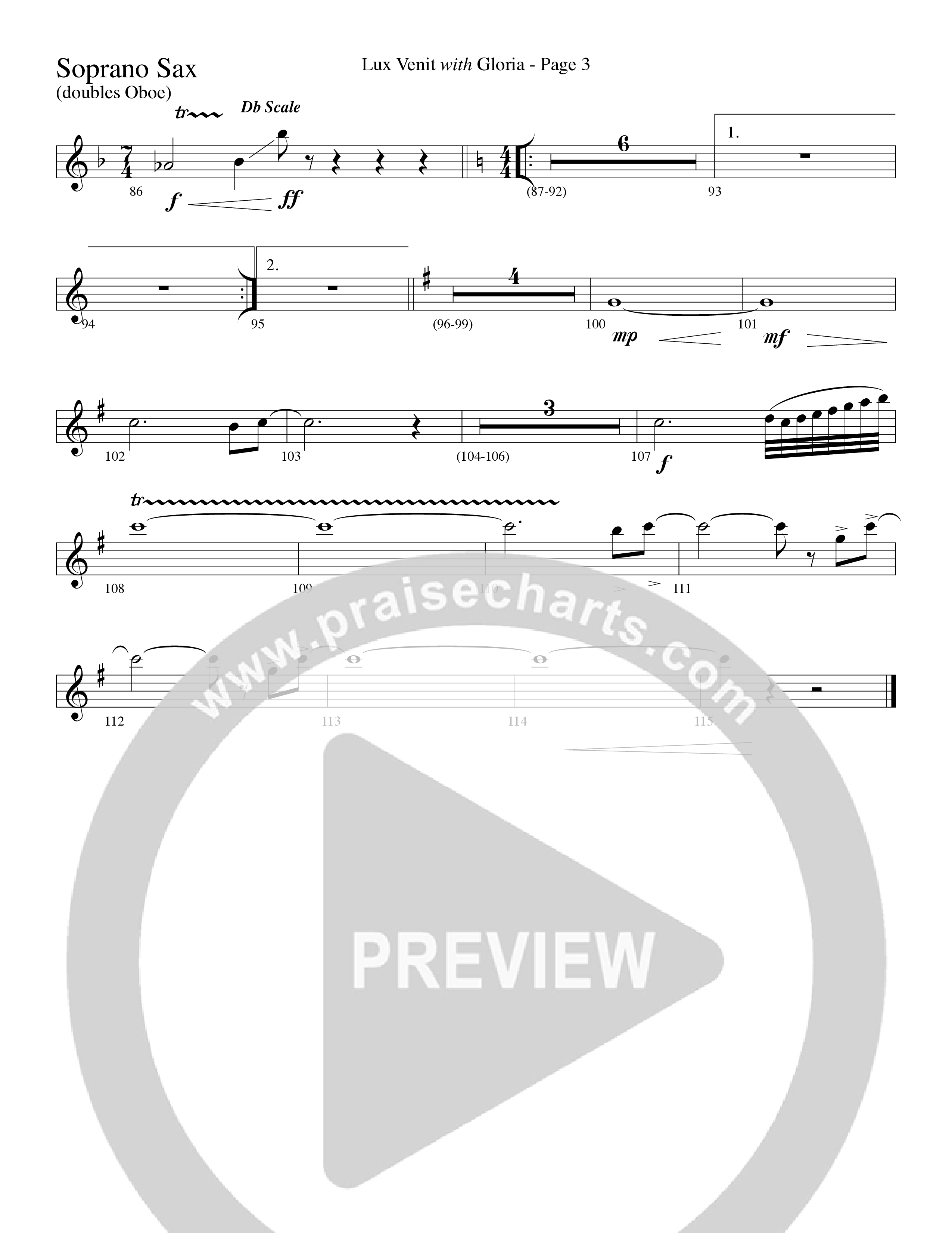 Gloria (with Lux Venit) (Choral Anthem SATB) Soprano Sax (Word Music Choral / Arr. David Hamilton)