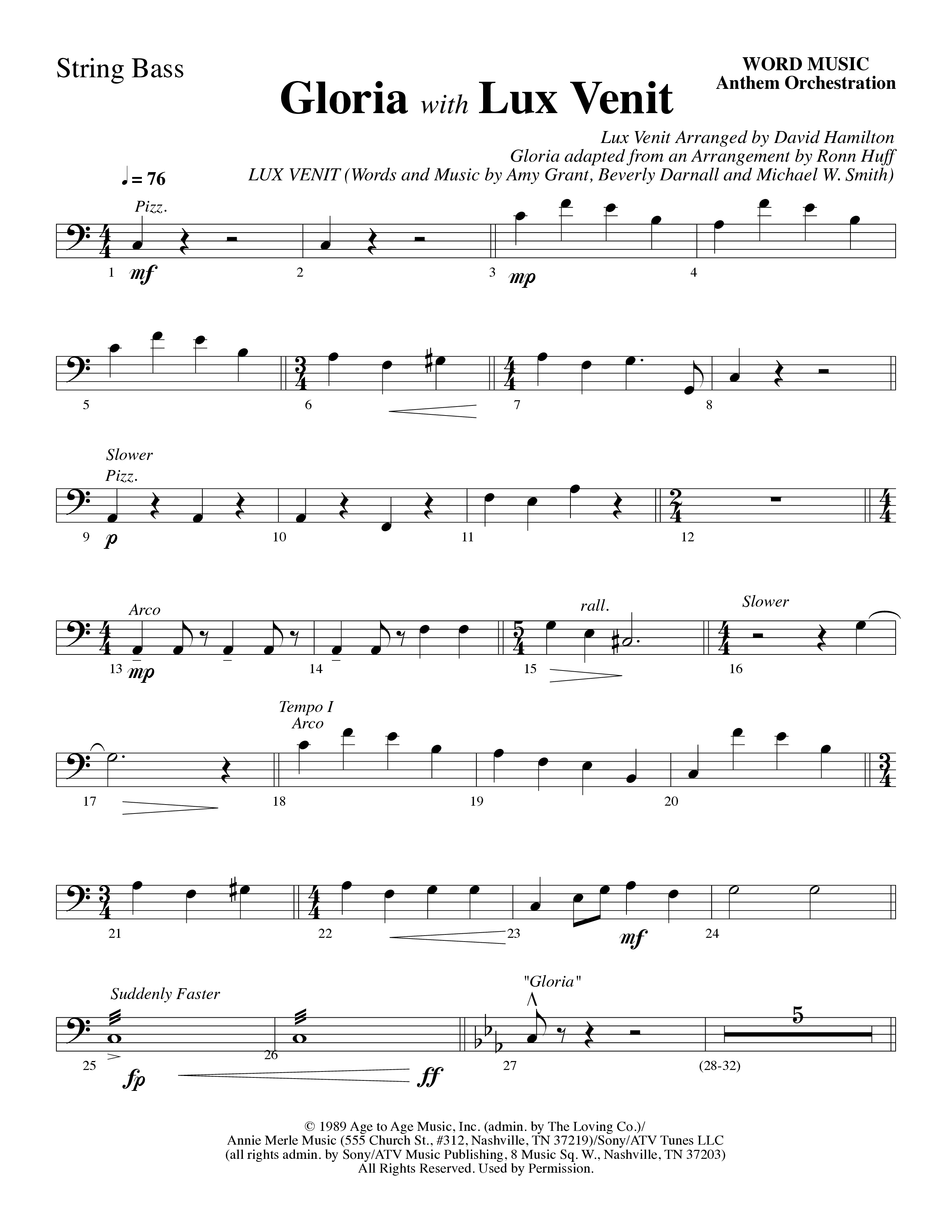 Gloria (with Lux Venit) (Choral Anthem SATB) String Bass (Word Music Choral / Arr. David Hamilton)
