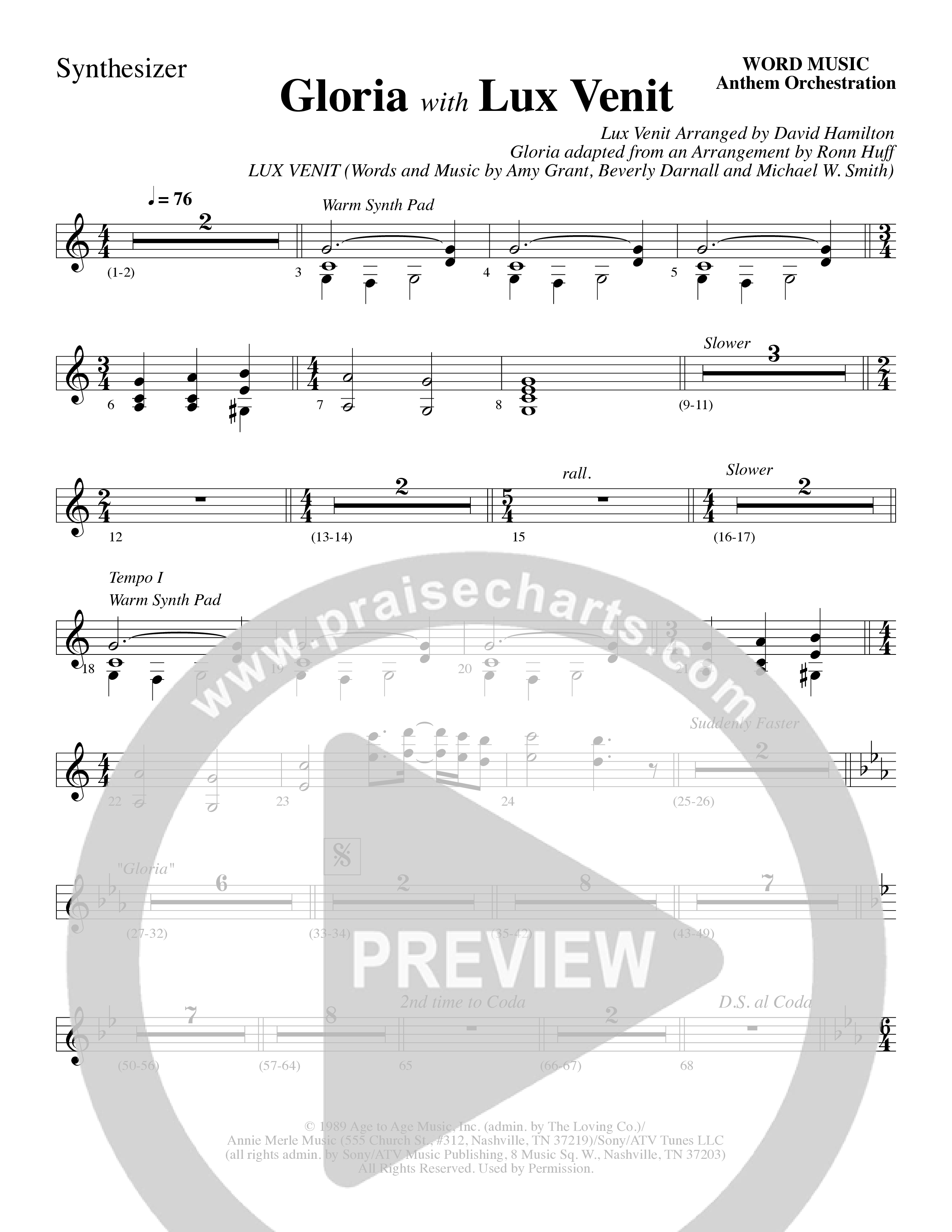 Gloria (with Lux Venit) (Choral Anthem SATB) Synth (Word Music Choral / Arr. David Hamilton)
