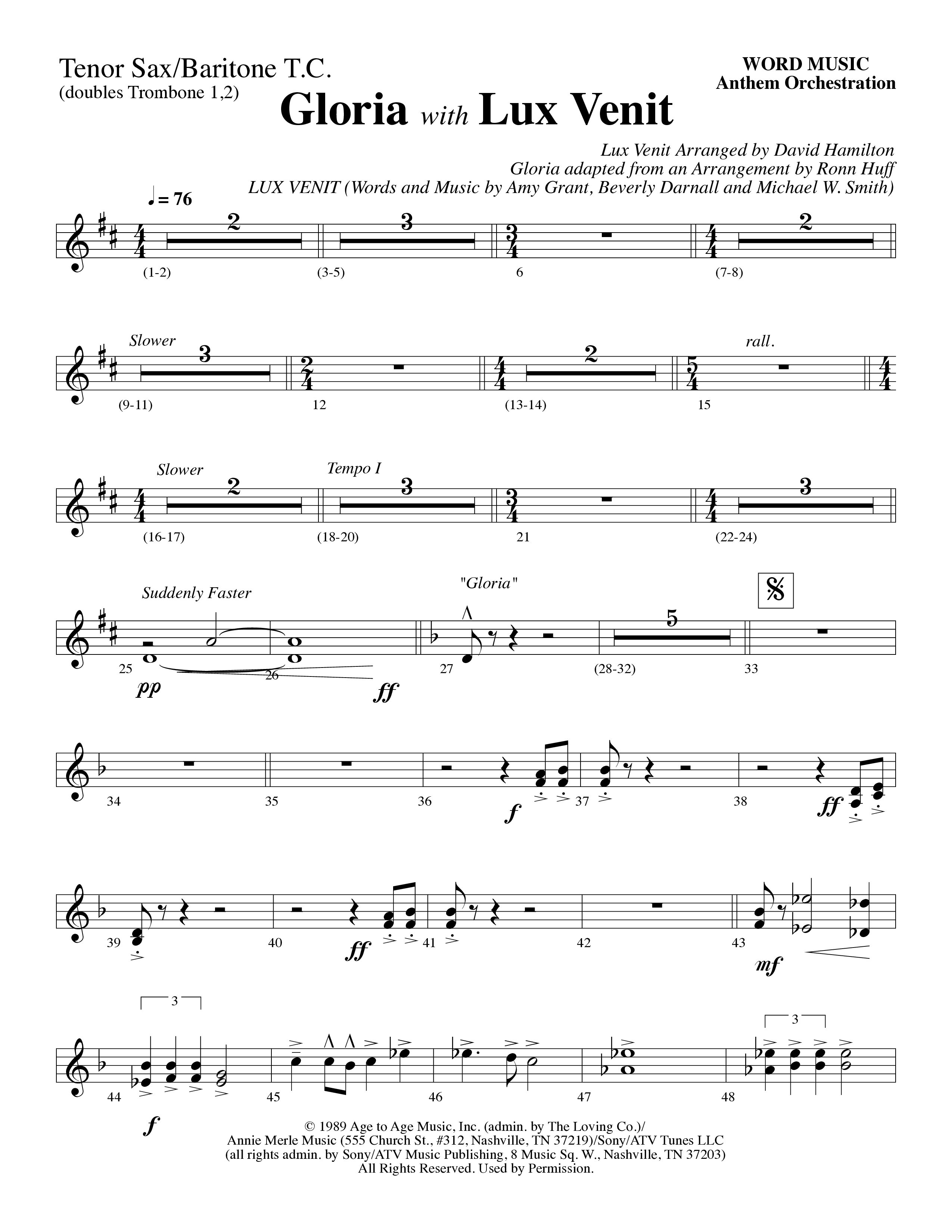 Gloria (with Lux Venit) (Choral Anthem SATB) Tenor Sax/Baritone T.C. (Word Music Choral / Arr. David Hamilton)