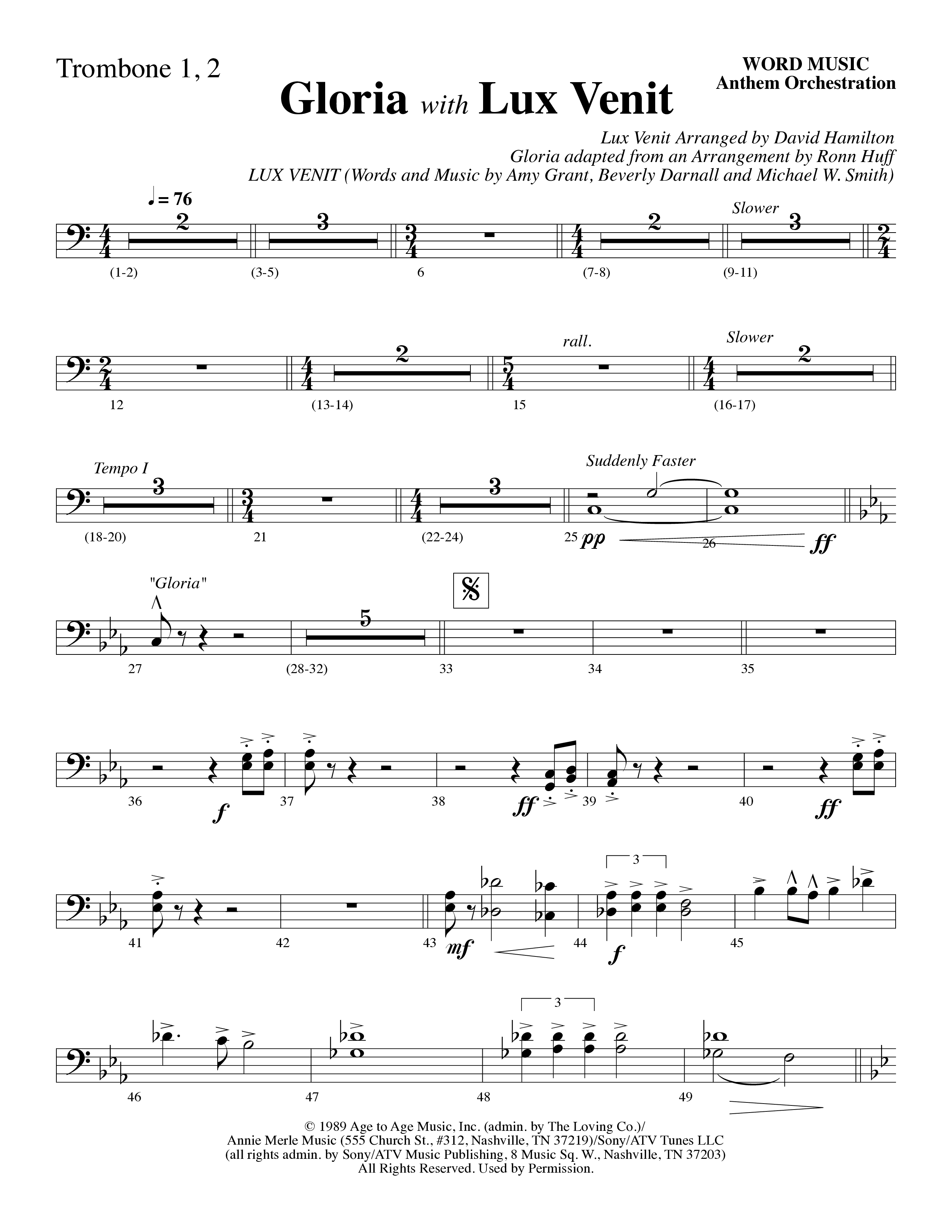 Gloria (with Lux Venit) (Choral Anthem SATB) Trombone 1/2 (Word Music Choral / Arr. David Hamilton)