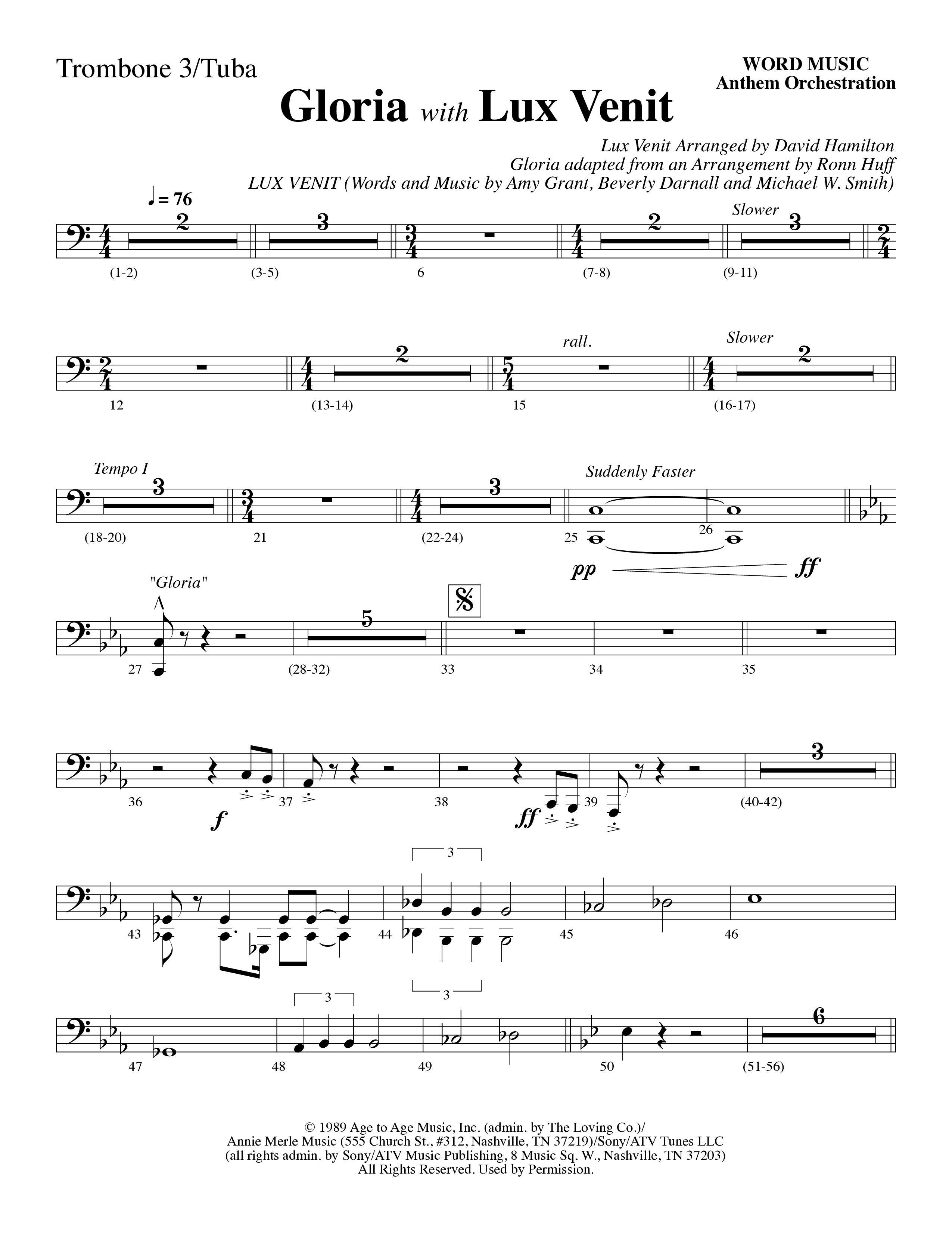 Gloria (with Lux Venit) (Choral Anthem SATB) Trombone 3/Tuba (Word Music Choral / Arr. David Hamilton)