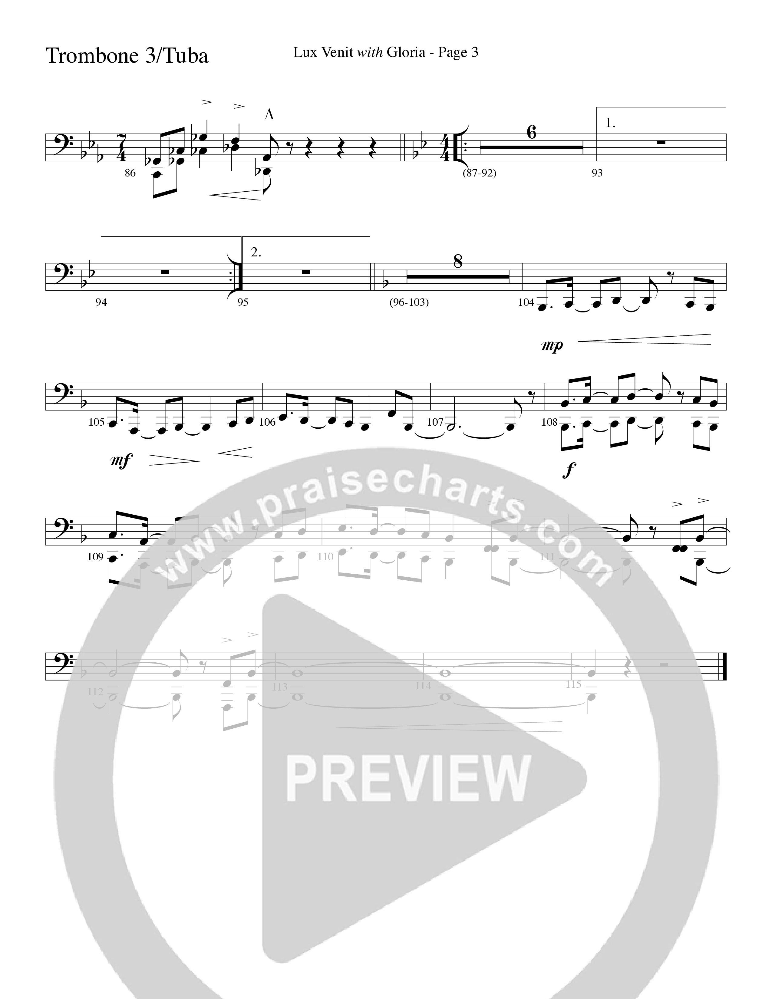 Gloria (with Lux Venit) (Choral Anthem SATB) Trombone 3/Tuba (Word Music Choral / Arr. David Hamilton)