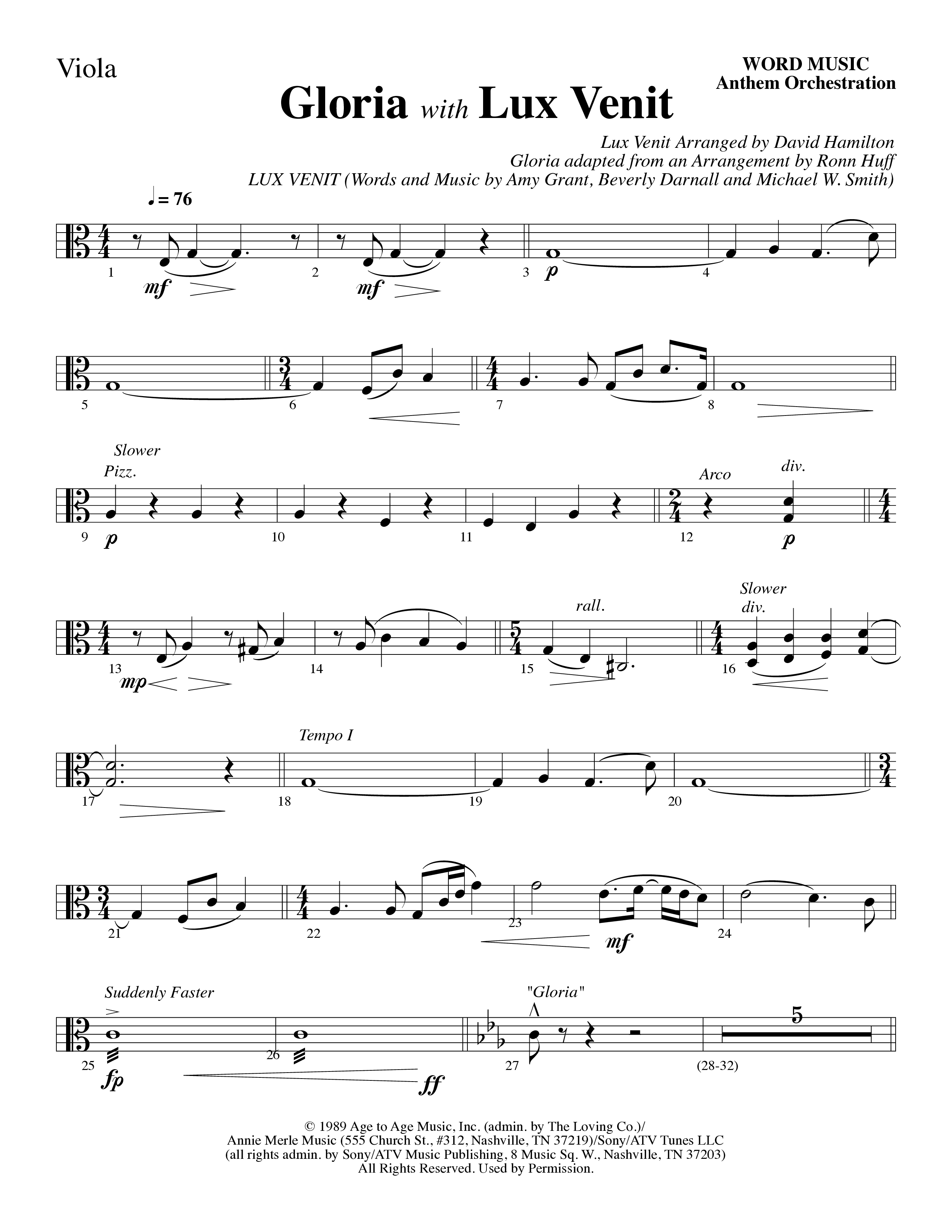 Gloria (with Lux Venit) (Choral Anthem SATB) Viola (Word Music Choral / Arr. David Hamilton)