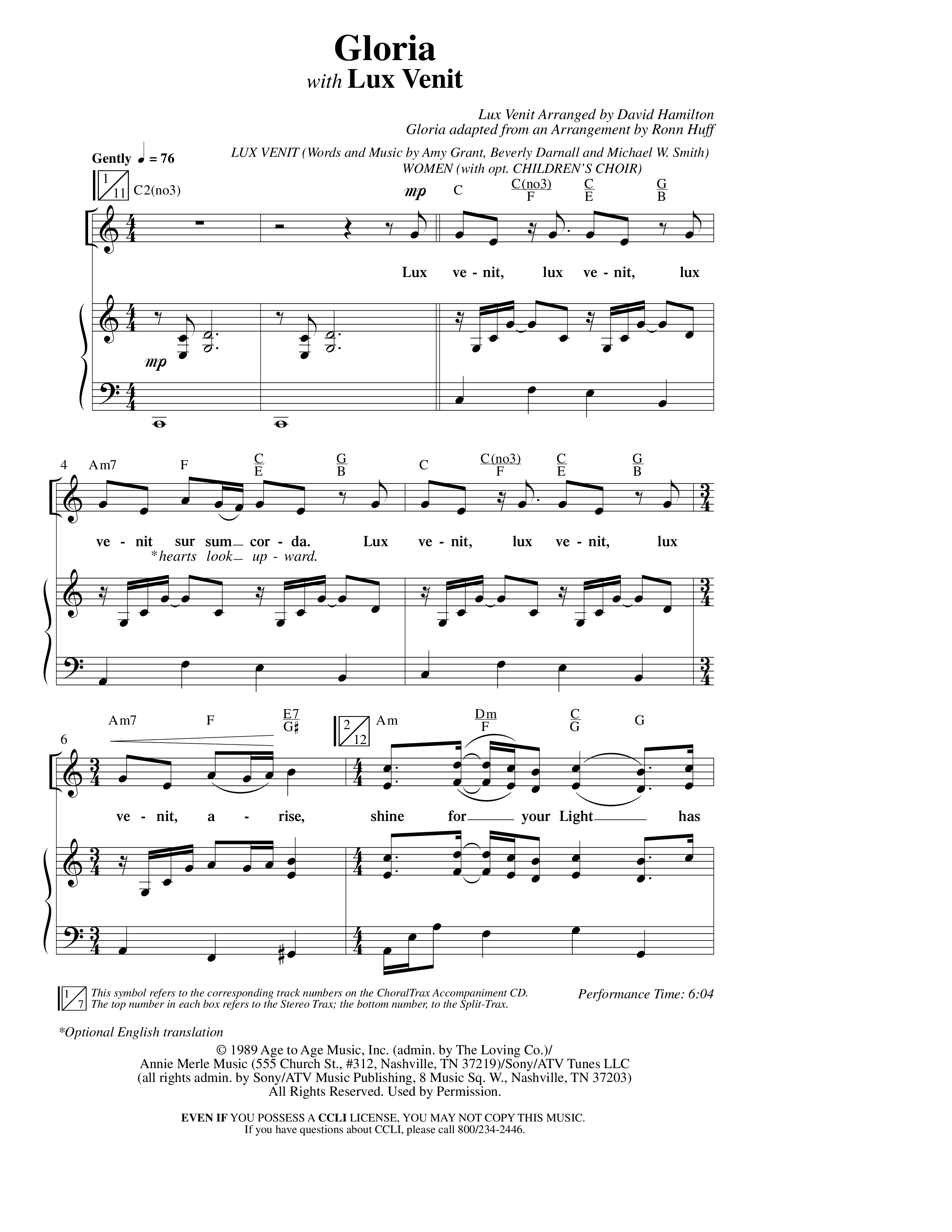 Gloria (with Lux Venit) (Choral Anthem SATB) Anthem (SATB/Piano) (Word Music Choral / Arr. David Hamilton)