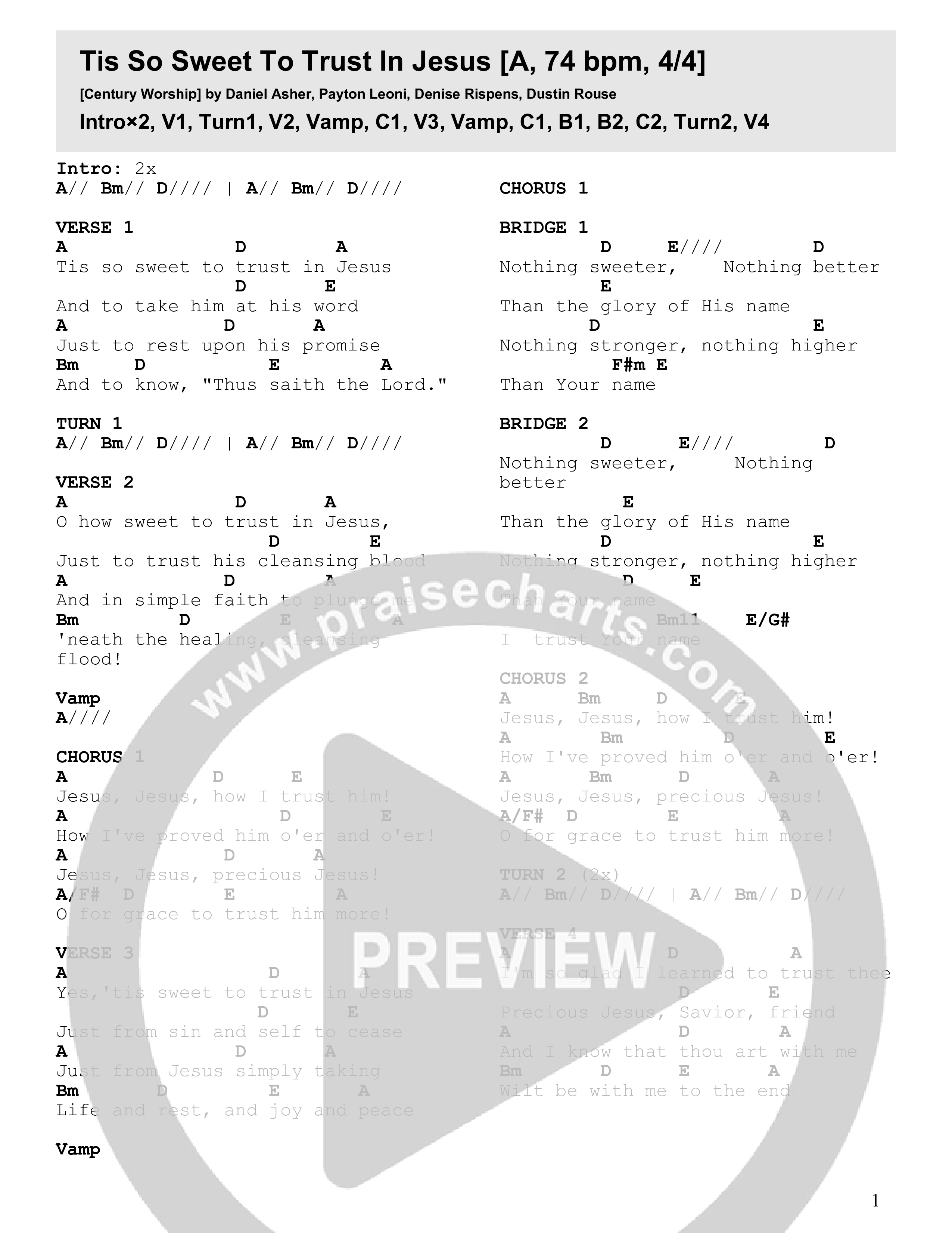 Tis So Sweet To Trust In Jesus (Live) Chord Chart (Century Worship)