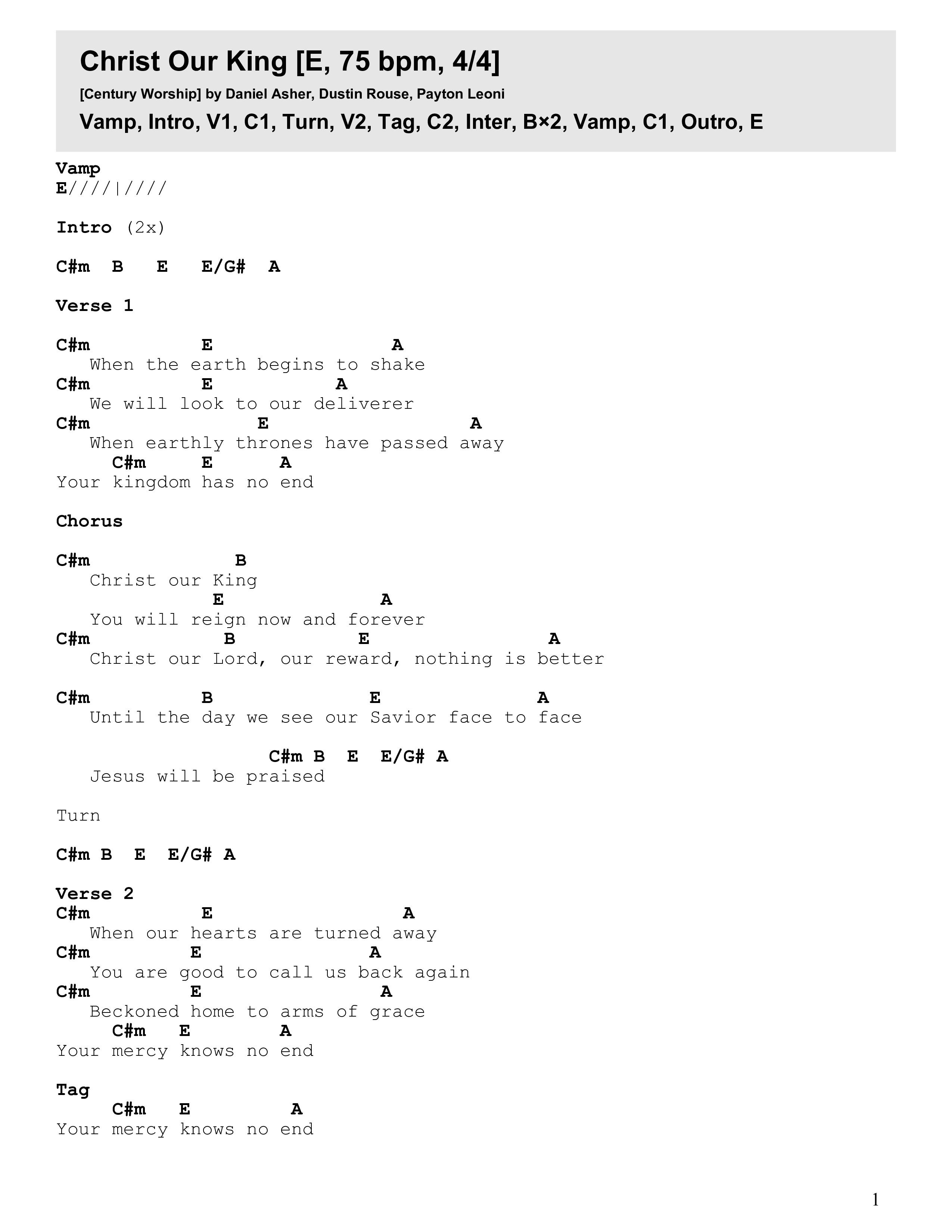 Christ Our King (Live) Chord Chart (Century Worship)