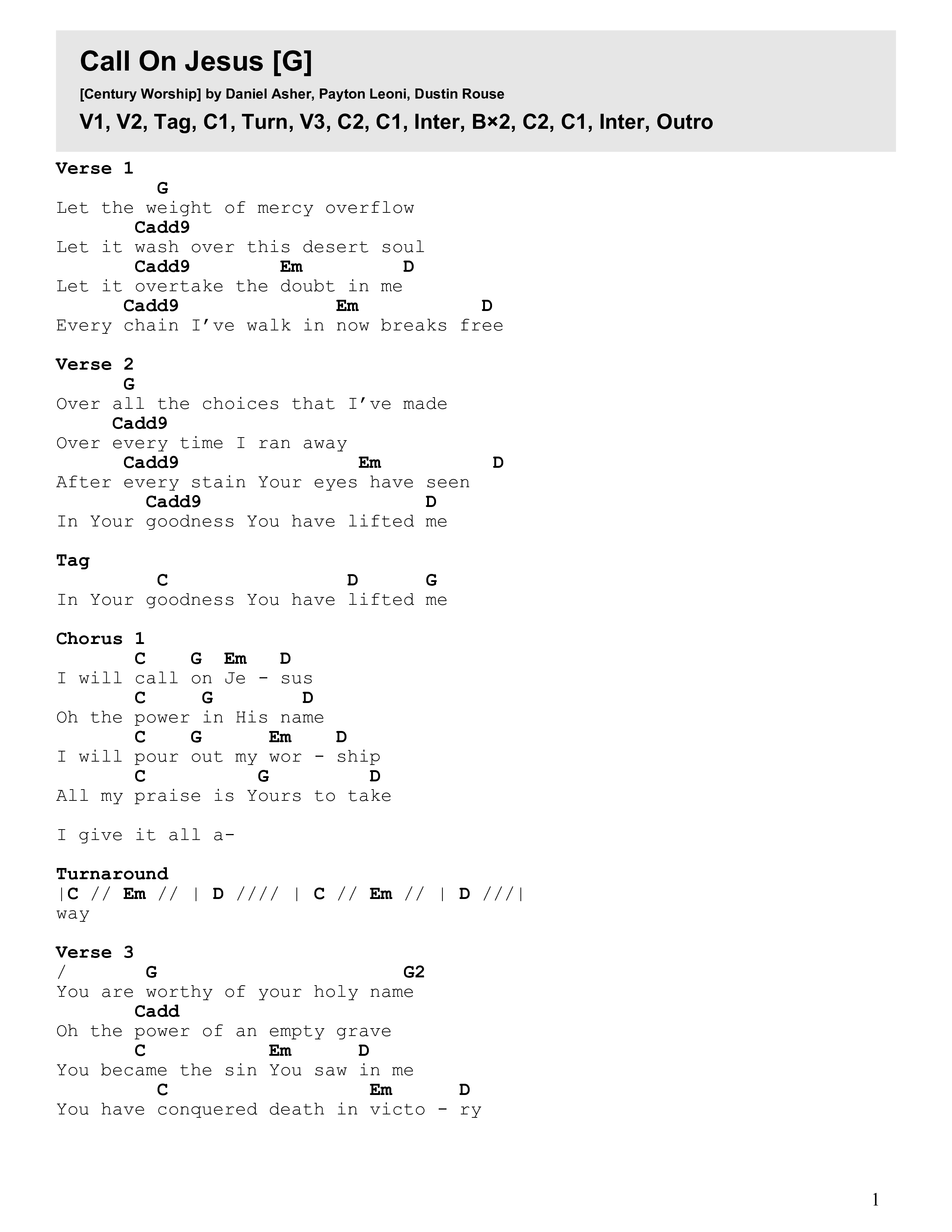 Call On Jesus (Live) Chord Chart (Century Worship)
