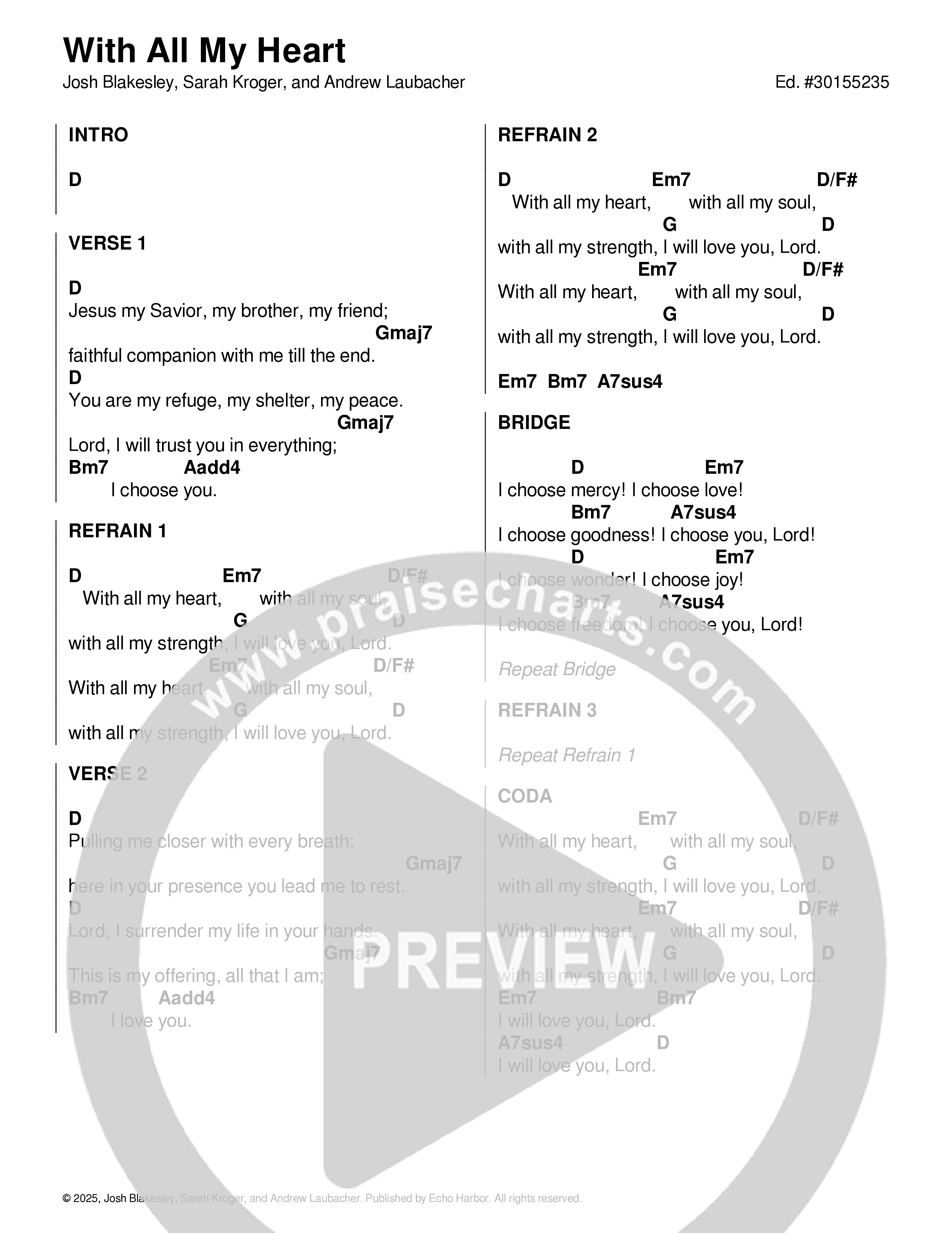 With All My Heart Chord Chart (Echo Harbor Worship / Sarah Kroger)