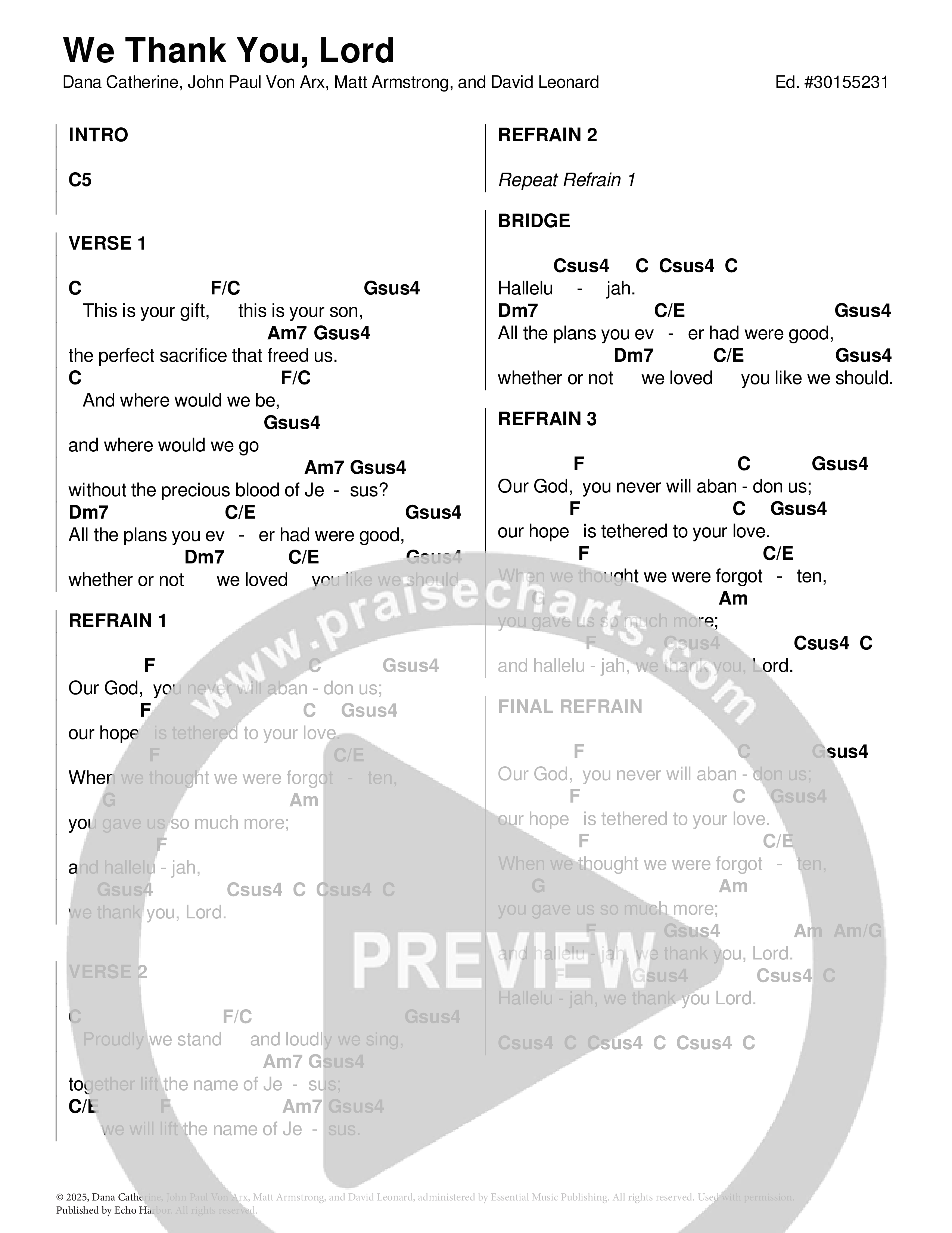 We Thank You Lord Chord Chart (Echo Harbor Worship / Mary Kate Westrich / David Leonard)