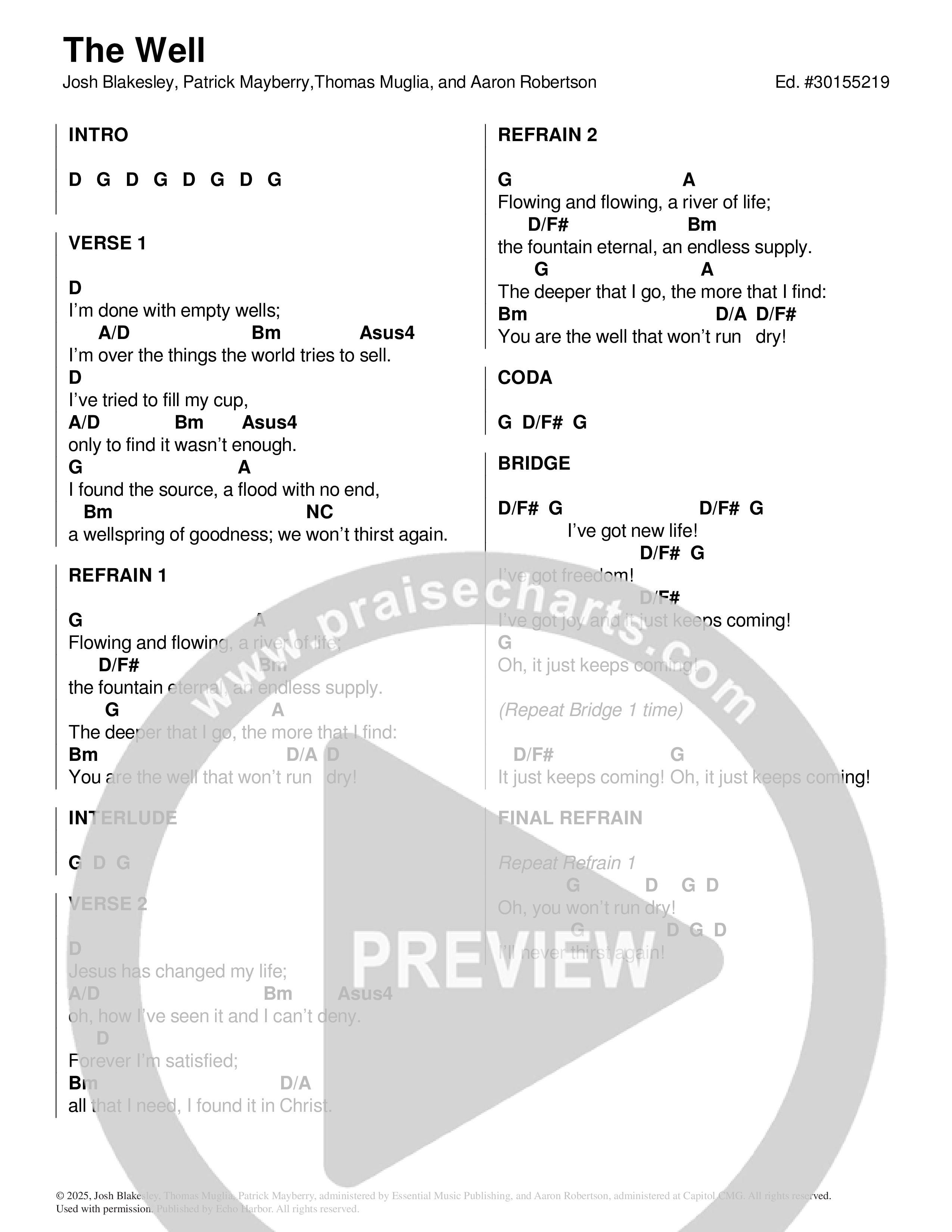 The Well Chord Chart (Echo Harbor Worship / Josh Blakesley)
