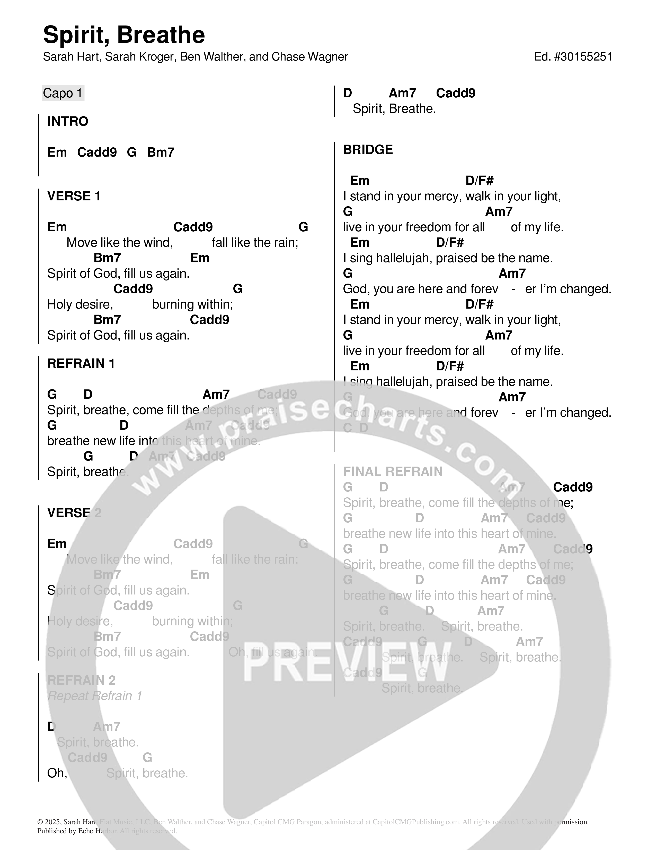 Spirit Breathe Chord Chart (Echo Harbor Worship / Sarah Kroger)
