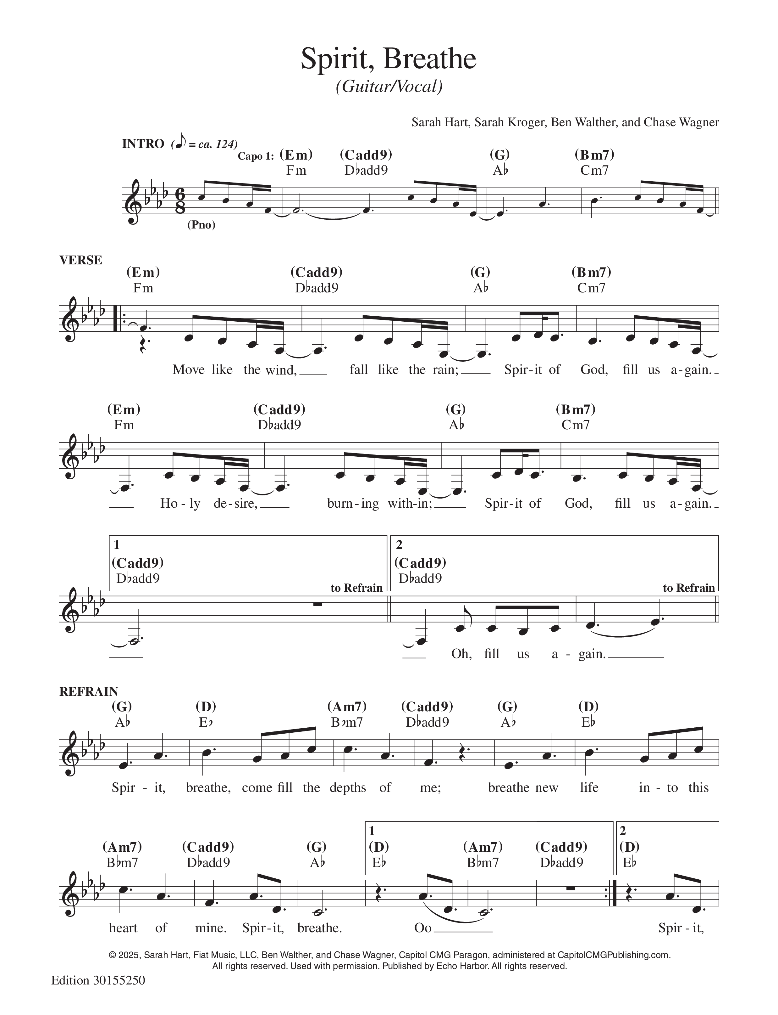 Spirit Breathe Lead Sheet Melody (Echo Harbor Worship / Sarah Kroger)
