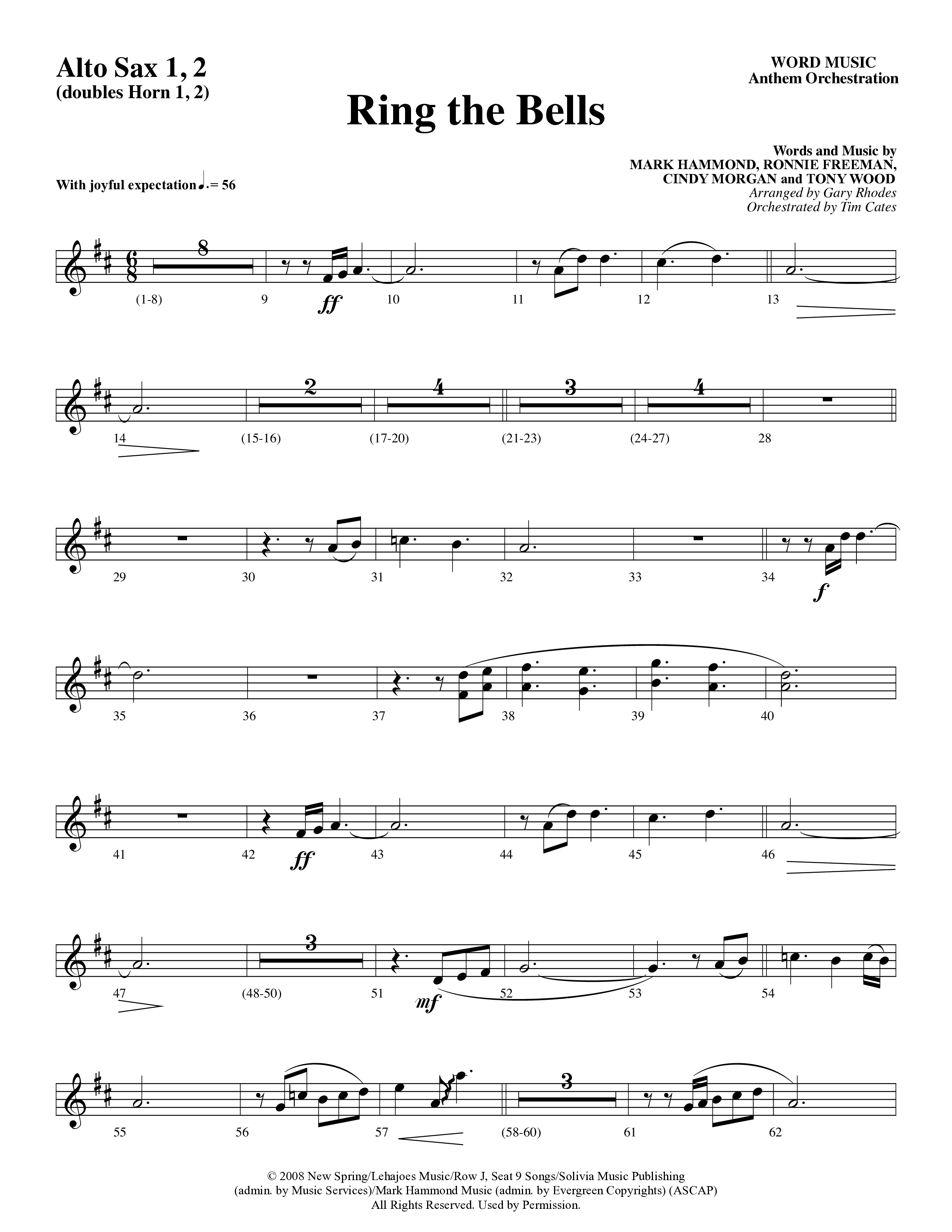 Ring The Bells (Choral Anthem) Alto Sax 1/2 (Word Music Choral / Arr. Gary Rhodes / Orch. Tim Cates)