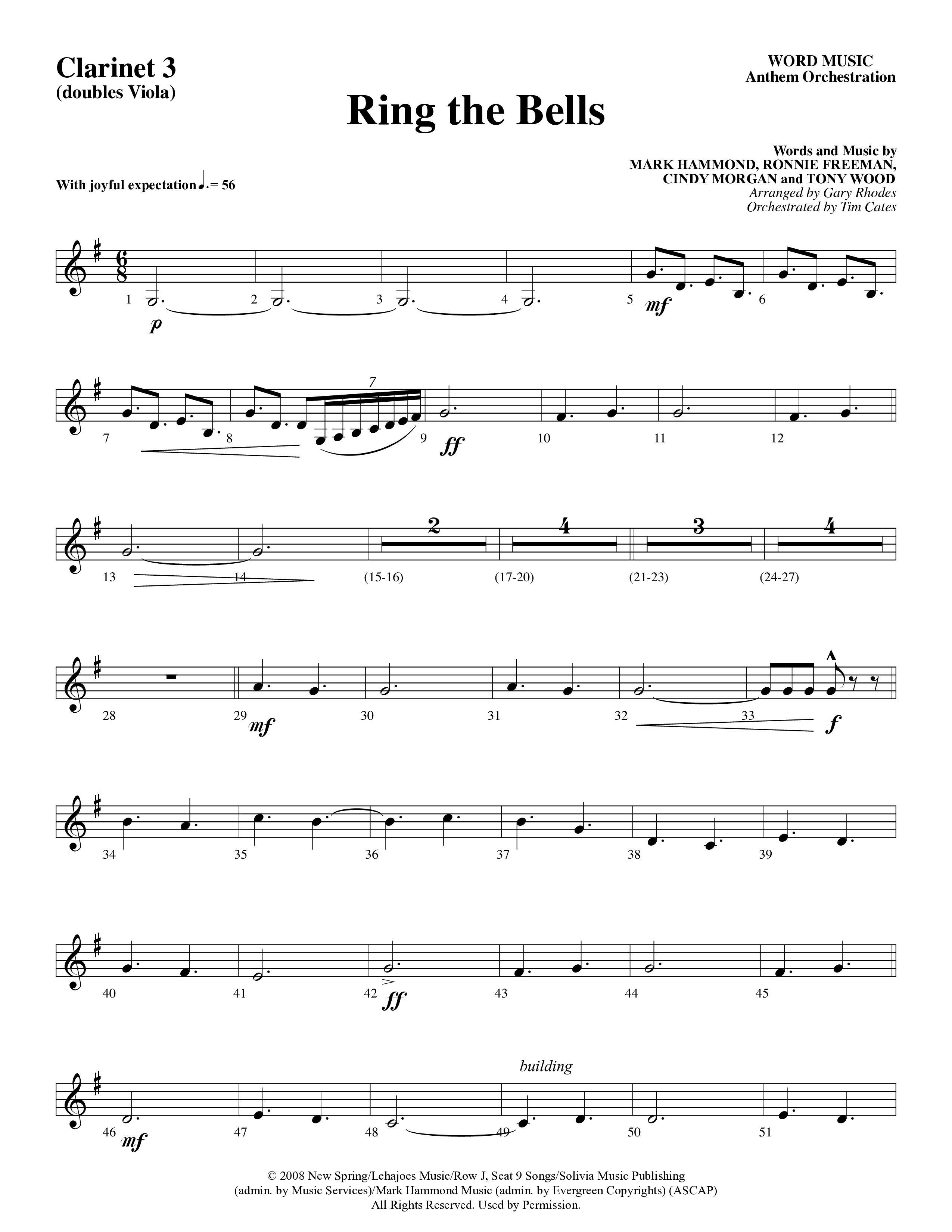 Ring The Bells (Choral Anthem) Clarinet 3 (Word Music Choral / Arr. Gary Rhodes / Orch. Tim Cates)