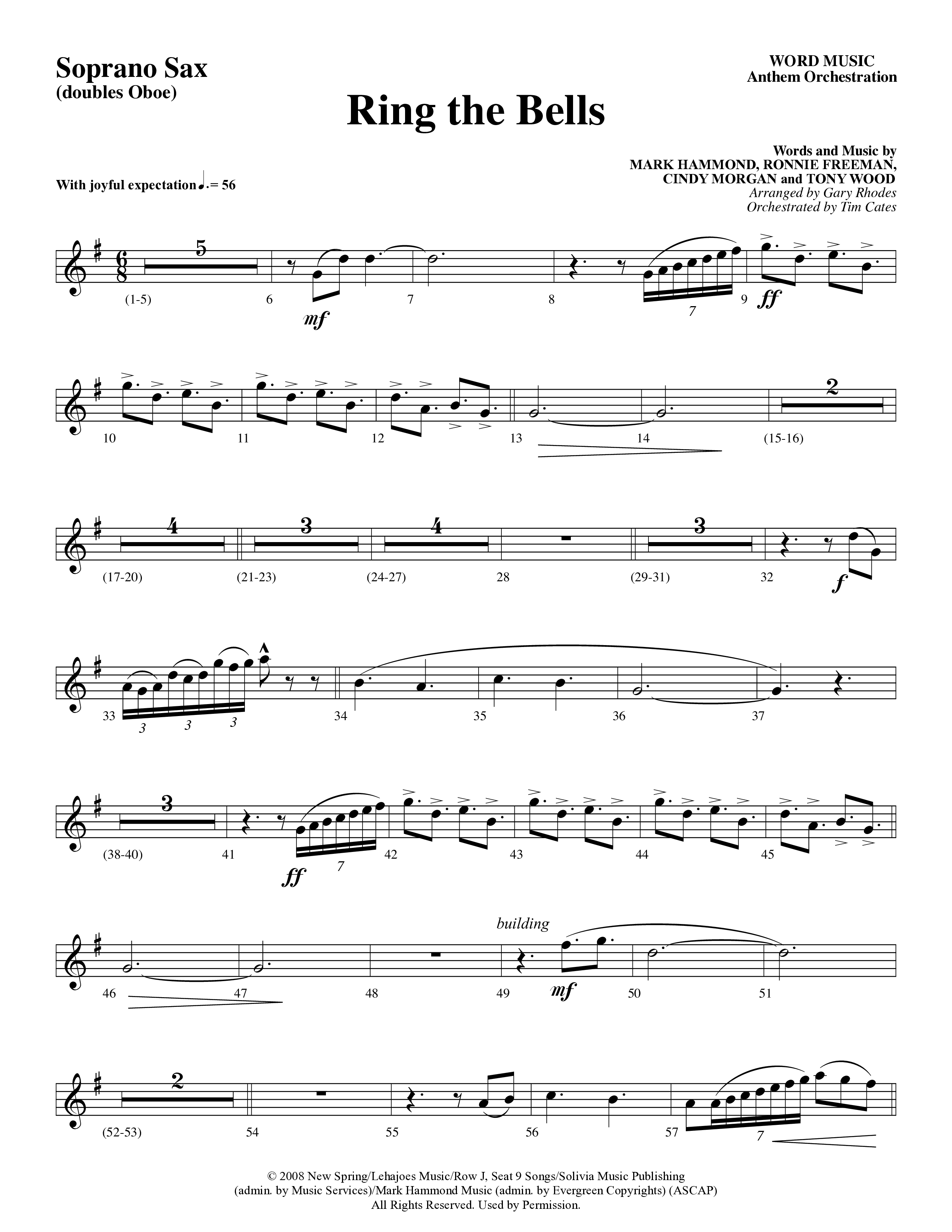 Ring The Bells (Choral Anthem) Soprano Sax (Word Music Choral / Arr. Gary Rhodes / Orch. Tim Cates)